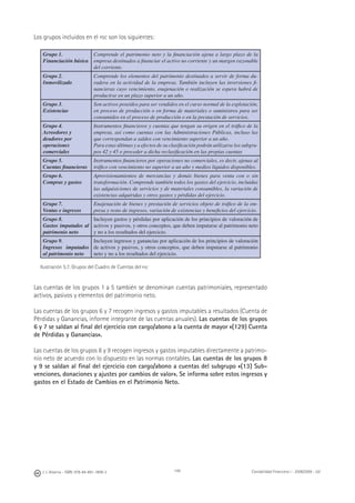 J. J. Alcarria - ISBN: 978-84-691-1809-2 Contabilidad Financiera I - 2008/2009 - UJI149
Los grupos incluidos en el PGC son los siguientes:
Grupo 1.
Financiación básica
Comprende el patrimonio neto y la ﬁnanciación ajena a largo plazo de la
empresa destinados a ﬁnanciar el activo no corriente y un margen razonable
del corriente.
Grupo 2.
Inmovilizado
Comprende los elementos del patrimonio destinados a servir de forma du-
radera en la actividad de la empresa. También incluyen las inversiones ﬁ-
nancieras cuyo vencimiento, enajenación o realización se espera habrá de
producirse en un plazo superior a un año.
Grupo 3.
Existencias
Son activos poseídos para ser vendidos en el curso normal de la explotación,
en proceso de producción o en forma de materiales o suministros para ser
consumidos en el proceso de producción o en la prestación de servicios.
Grupo 4.
Acreedores y
deudores por
operaciones
comerciales
Instrumentos ﬁnancieros y cuentas que tengan su origen en el tráﬁco de la
empresa, así como cuentas con las Administraciones Públicas, incluso las
que correspondan a saldos con vencimiento superior a un año.
Para estas últimas y a efectos de su clasiﬁcación podrán utilizarse los subgru-
pos 42 y 45 o proceder a dicha reclasiﬁcación en las propias cuentas
Grupo 5.
Cuentas ﬁnancieras
Instrumentos ﬁnancieros por operaciones no comerciales, es decir, ajenas al
tráﬁco con vencimiento no superior a un año y medios líquidos disponibles.
Grupo 6.
Compras y gastos
Aprovisionamientos de mercancías y demás bienes para venta con o sin
transformación. Comprende también todos los gastos del ejercicio, incluidas
las adquisiciones de servicios y de materiales consumibles, la variación de
existencias adquiridas y otros gastos y pérdidas del ejercicio.
Grupo 7.
Ventas e ingresos
Enajenación de bienes y prestación de servicios objeto de tráﬁco de la em-
presa y resto de ingresos, variación de existencias y beneﬁcios del ejercicio.
Grupo 8.
Gastos imputados al
patrimonio neto
Incluyen gastos y pérdidas por aplicación de los principios de valoración de
activos y pasivos, y otros conceptos, que deben imputarse al patrimonio neto
y no a los resultados del ejercicio.
Grupo 9.
Ingresos imputados
al patrimonio neto
Incluyen ingresos y ganancias por aplicación de los principios de valoración
de activos y pasivos, y otros conceptos, que deben imputarse al patrimonio
neto y no a los resultados del ejercicio.
Ilustración 5.7. Grupos del Cuadro de Cuentas del PGC
Las cuentas de los grupos 1 a 5 también se denominan cuentas patrimoniales, representado
activos, pasivos y elementos del patrimonio neto.
Las cuentas de los grupos 6 y 7 recogen ingresos y gastos imputables a resultados (Cuenta de
Pérdidas y Ganancias, informe integrante de las cuentas anuales). Las cuentas de los grupos
6 y 7 se saldan al ﬁnal del ejercicio con cargo/abono a la cuenta de mayor «(129) Cuenta
de Pérdidas y Ganancias».
Las cuentas de los grupos 8 y 9 recogen ingresos y gastos imputables directamente a patrimo-
nio neto de acuerdo con lo dispuesto en las normas contables. Las cuentas de los grupos 8
y 9 se saldan al ﬁnal del ejercicio con cargo/abono a cuentas del subgrupo «(13) Sub-
venciones, donaciones y ajustes por cambios de valor». Se informa sobre estos ingresos y
gastos en el Estado de Cambios en el Patrimonio Neto.
 