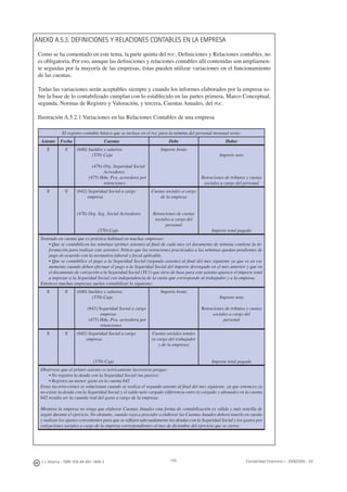 J. J. Alcarria - ISBN: 978-84-691-1809-2 Contabilidad Financiera I - 2008/2009 - UJI159
ANEXO A.5.3. DEFINICIONES Y RELACIONES CONTABLES EN LA EMPRESA
Como se ha comentado en este tema, la parte quinta del PGC, Deﬁniciones y Relaciones contables, no
es obligatoria. Por eso, aunque las deﬁniciones y relaciones contables allí contenidas son ampliamen-
te seguidas por la mayoría de las empresas, éstas pueden utilizar variaciones en el funcionamiento
de las cuentas.
Todas las variaciones serán aceptables siempre y cuando los informes elaborados por la empresa so-
bre la base de lo contabilizado cumplan con lo establecido en las partes primera, Marco Conceptual,
segunda, Normas de Registro y Valoración, y tercera, Cuentas Anuales, del PGC.
Ilustración A.5.2.1 Variaciones en las Relaciones Contables de una empresa
El registro contable básico que se incluye en el PGC para la nómina del personal mensual sería:
Asiento Fecha Cuentas Debe Haber
X X (640) Sueldos y salarios
(570) Caja
(476) Org. Seguridad Social
Acreedores
(475) Hda. Pca. acreedora por
retenciones
Importe bruto
Importe neto
Retenciones de tributos y cuotas
sociales a cargo del personal
X X (642) Seguridad Social a cargo
empresa
(476) Org. Seg. Social Acreedores
(570) Caja
Cuotas sociales a cargo
de la empresa
Retenciones de cuotas
sociales a cargo del
personal
Importe total pagado
Teniendo en cuenta que es práctica habitual en muchas empresas:
• Que se contabilicen las nóminas (primer asiento) al ﬁnal de cada mes (el documento de nómina contiene la in-
formación para realizar este asiento). Nótese que las retenciones practicadas a las nóminas quedan pendientes de
pago de acuerdo con la normativa laboral y ﬁscal aplicable.
• Que se contabilice el pago a la Seguridad Social (segundo asiento) al ﬁnal del mes siguiente ya que es en ese
momento cuando deben efectuar el pago a la Seguridad Social del importe devengado en el mes anterior y que en
el documento de cotización a la Seguridad Social (TC1) que sirve de base para este asiento aparece el importe total
a ingresar a la Seguridad Social con independencia de la cuota que corresponde al trabajador y a la empresa.
Entonces muchas empresas suelen contabilizar lo siguiente:
X X (640) Sueldos y salarios
(570) Caja
(642) Seguridad Social a cargo
empresa
(475) Hda. Pca. acreedora por
retenciones
Importe bruto
Importe neto
Retenciones de tributos y cuotas
sociales a cargo del
personal
X X (642) Seguridad Social a cargo
empresa
(570) Caja
Cuotas sociales totales
(a cargo del trabajador
y de la empresa)
Importe total pagado
Obsérvese que el primer asiento es teóricamente incorrecto porque:
• No registra la deuda con la Seguridad Social (un pasivo)
• Registra un menor gasto en la cuenta 642
Estas incorrecciones se solucionan cuando se realiza el segundo asiento al ﬁnal del mes siguiente, ya que entonces ya
no existe la deuda con la Seguridad Social y el saldo neto cargado (diferencia entre lo cargado y abonado) en la cuenta
642 resulta ser la cuantía real del gasto a cargo de la empresa.
Mientras la empresa no tenga que elaborar Cuentas Anuales esta forma de contabilización es válida y más sencilla de
seguir durante el ejercicio. No obstante, cuando vaya a proceder a elaborar las Cuentas Anuales deberá tenerlo en cuenta
y realizar los ajustes convenientes para que se reﬂejen adecuadamente las deudas con la Seguridad Social y los gastos por
cotizaciones sociales a cargo de la empresa correspondientes al mes de diciembre del ejercicio que se cierra.
 