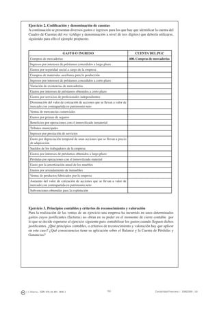 162J. J. Alcarria - ISBN: 978-84-691-1809-2 Contabilidad Financiera I - 2008/2009 - UJI
Ejercicio 2. Codiﬁcación y denominación de cuentas
A continuación se presentan diversos gastos e ingresos para los que hay que identiﬁcar la cuenta del
Cuadro de Cuentas del PGC (código y denominación a nivel de tres dígitos) que debería utilizarse,
siguiendo para ello el ejemplo propuesto.
GASTO O INGRESO CUENTA DEL PGC
Compras de mercaderías 600. Compras de mercaderías
Ingresos por intereses de préstamos concedidos a largo plazo
Gastos por seguridad social a cargo de la empresa
Compras de materiales auxiliares para la producción
Ingresos por intereses de préstamos concedidos a corto plazo
Variación de existencias de mercaderías
Gastos por intereses de préstamos obtenidos a corto plazo
Gastos por servicios de profesionales independientes
Disminución del valor de cotización de acciones que se llevan a valor de
mercado con contrapartida en patrimonio neto
Ventas de mercancías comerciales
Gastos por primas de seguros
Beneﬁcios por operaciones con el inmovilizado inmaterial
Tributos municipales
Ingresos por prestación de servicios
Gasto por depreciación temporal de unas acciones que se llevan a precio
de adquisición
Sueldos de los trabajadores de la empresa
Gastos por intereses de préstamos obtenidos a largo plazo
Pérdidas por operaciones con el inmovilizado material
Gasto por la amortización anual de los muebles
Gastos por arrendamiento de inmuebles
Ventas de productos fabricados por la empresa
Aumento del valor de cotización de acciones que se llevan a valor de
mercado con contrapartida en patrimonio neto
Subvenciones obtenidas para la explotación
Ejercicio 3. Principios contables y criterios de reconocimiento y valoración
Para la realización de las ventas de un ejercicio una empresa ha incurrido en unos determinados
gastos cuyos justiﬁcantes (facturas) no obran en su poder en el momento de cierre contable por
lo que se decide esperarse al ejercicio siguiente para contabilizar los gastos cuando lleguen dichos
justiﬁcantes. ¿Qué principios contables, o criterios de reconocimiento y valoración hay que aplicar
en este caso? ¿Qué consecuencias tiene su aplicación sobre el Balance y la Cuenta de Pérdidas y
Ganancias?
 