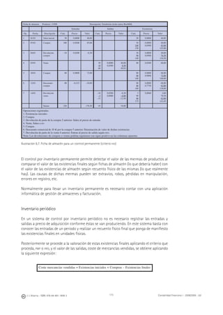 J. J. Alcarria - ISBN: 978-84-691-1809-2 Contabilidad Financiera I - 2008/2009 - UJI173
Ficha de almacén. Producto: 33498 Descripción: Tetrabricks leche entera BestMilk
Entradas Salidas Existencias
Op. Fecha Descripción Cant. Precio Valor Cant. Precio Valor Cant. Precio Valor
1 01/01 Valor inicial 50 0,8000 40,00 50 0,8000 40,00
2 03/01 Compra 100 0,8500 85,00 50
100
150
0,8000
0,8500
40,00
85,00
125,00
3 04/01 Devolución
compra
–10 0,8500 –8,50 50
90
140
0,8000
0,8500
40,00
76,50
116,50
4 05/01 Venta 50
10
60
0,8000
0,8500
40,00
8,50
49,93
80 0,8500 68,00
5 10/01 Compra 80 0,9000 72,00 80
80
160
0,8000
0,9000
68,00
72,00
140,00
6 12/01 Descuento
compra
80 –0,125 –10,00 80
80
160
0,8000
0,7750
68,00
62,00
130,00
7 14/01 Devolución
venta
–10
–5
–15
0,8500
0,8000
–8,50
–4,00
–12,50
5
90
80
175
0,8060 4,00
70,50
62,00
141,05
Sumas 220 178,50 45 36,00
Operaciones registradas:
1. Existencias iniciales
2. Compra.
3. Devolución de parte de la compra 2 anterior. Salen al precio de entrada.
4. Venta. Salen a IFO
5. Compra.
6. Descuento comercial de 10 € por la compra 5 anterior. Disminución de valor de dichas existencias.
7. Devolución de parte de la venta 4 anterior. Entran al precio de salida según FIFO.
Nota: Las devoluciones de compras o ventas podrían registrarse con signo positivo en las columnas opuestas.
Ilustración 6.7. Ficha de almacén para un control permanente (criterio FIFO)
El control por inventario permanente permite detectar el valor de las mermas de productos al
comparar el valor de las existencias ﬁnales según ﬁchas de almacén (lo que debería haber) con
el valor de las existencias de almacén según recuento físico de las mismas (lo que realmente
hay). Las causas de dichas mermas pueden ser extravíos, robos, pérdidas en manipulación,
errores en registro, etc.
Normalmente para llevar un inventario permanente es necesario contar con una aplicación
informática de gestión de almacenes y facturación.
Inventario periódico
En un sistema de control por inventario periódico no es necesario registrar las entradas y
salidas a precio de adquisición conforme éstas se van produciendo. En este sistema basta con
conocer las entradas de un periodo y realizar un recuento físico ﬁnal que ponga de maniﬁesto
las existencias ﬁnales en unidades físicas.
Posteriormente se procede a la valoración de estas existencias ﬁnales aplicando el criterio que
proceda, PMP o FIFO, y el valor de las salidas, coste de mercancías vendidas, se obtiene aplicando
la siguiente expresión:
Coste mercancías vendidas = Existencias iniciales + Compras – Existencias ﬁnales
 