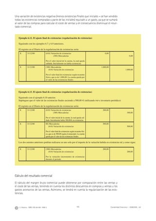 J. J. Alcarria - ISBN: 978-84-691-1809-2 Contabilidad Financiera I - 2008/2009 - UJI185
Una variación de existencias negativa (menos existencias ﬁnales que iniciales = se han vendido
todas las existencias compradas y parte de las iniciales) equivale a un gasto, ya que se sumará
al valor de las compras para calcular el coste de ventas y en consecuencia disminuye el resul-
tado comercial.
Cálculo del resultado comercial
El cálculo del margen bruto comercial puede obtenerse por comparación entre las ventas y
el coste de las ventas, teniendo en cuenta los distintos descuentos en compras y ventas y los
gastos accesorios de las ventas. Asimismo, se tendrá en cuenta la regularización de las exis-
tencias.
Ejemplo 6.12. El ajuste ﬁnal de existencias (regularización de existencias)
Siguiendo con los ejemplos 6.7 y 6.9 anteriores.
El registro en el Diario de la regularización de existencias sería:
X 31/12/00 (610) Variación de existencias
(300) Mercaderías
Por el valor inicial de la cuenta, la cual queda
saldada. Inicialmente no había existencias
0,00
0,00
X 31/12/00 (300) Mercaderías
(610) Variación de existencias
Por el valor ﬁnal de existencias según recuento
físico, que es de 1.000,00. La cuenta queda por
el valor de las existencias ﬁnales
1.000,00
1.000,00
Ejemplo 6.13. El ajuste ﬁnal de existencias (regularización de existencias)
Siguiendo con el ejemplo 6.10 anterior.
Supóngase que el valor de las existencias ﬁnales asciende a 500,00 € (utilizando PMP e inventario periódico)
El registro en el Diario de la regularización de existencias sería:
X 31/12/00 (610) Variación de existencias
(300) Mercaderías
Por el valor inicial de la cuenta, la cual queda sal-
dada. Inicialmente había 300,00€ en existencias
300,00
300,00
X 31/12/00 00) Mercaderías
(610) Variación de existencias
Por el valor ﬁnal de existencias según recuento físi-
co, que es de 500,00 según el enunciado. La cuenta
queda por el valor de las existencias ﬁnales
500,00
500,00
Los dos asientos anteriores podrían realizarse en uno solo por el importe de la variación habida en existencias tal y como sigue:
X 31/12/00 (300) Mercaderías
(610) Variación de existencias
Por la variación (incremento) de existencias
durante el periodo
200,00
200,00
 