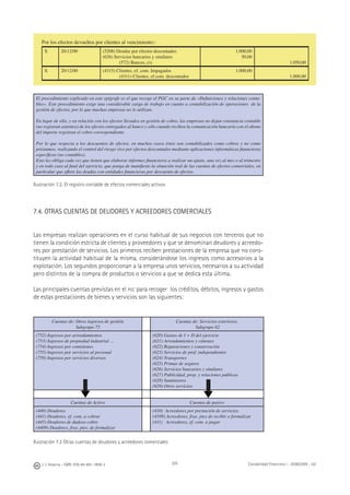 J. J. Alcarria - ISBN: 978-84-691-1809-2 Contabilidad Financiera I - 2008/2009 - UJI205
Por los efectos devueltos por clientes al vencimiento::
X 20/12/00 (5208) Deudas por efectos descontados
(626) Servicios bancarios y similares
(572) Bancos, c/c
1.000,00
50,00
1.050,00
X 20/12/00 (4315) Clientes, ef. com. Impagados
(4311) Clientes, ef.com. descontados
1.000,00
1.000,00
El procedimiento explicado en este epígrafe es el que recoge el PGC en su parte de «Deﬁniciones y relaciones conta-
bles». Este procedimiento exige una considerable carga de trabajo en cuanto a contabilización de operaciones de la
gestión de efectos, por lo que muchas empresas no lo utilizan.
En lugar de ello, y en relación con los efectos llevados en gestión de cobro, las empresas no dejan constancia contable
(no registran asientos) de los efectos entregados al banco y sólo cuando reciben la comunicación bancaria con el abono
del importe registran el cobro correspondiente.
Por lo que respecta a los descuentos de efectos, en muchos casos éstos son contabilizados como cobros y no como
préstamos, realizando el control del riesgo vivo por efectos descontados mediante aplicaciones informáticas ﬁnancieras
especíﬁcas (no contables).
Esto les obliga cada vez que tienen que elaborar informes ﬁnancieros a realizar un ajuste, una vez al mes o al trimestre
y en todo caso al ﬁnal del ejercicio, que ponga de maniﬁesto la situación real de las cuentas de efectos comerciales, en
particular que aﬂore las deudas con entidades ﬁnancieras por descuento de efectos.
Ilustración 7.2. El registro contable de efectos comerciales activos
7.4. OTRAS CUENTAS DE DEUDORES Y ACREEDORES COMERCIALES
Las empresas realizan operaciones en el curso habitual de sus negocios con terceros que no
tienen la condición estricta de clientes y proveedores y que se denominan deudores y acreedo-
res por prestación de servicios. Los primeros reciben prestaciones de la empresa que no cons-
tituyen la actividad habitual de la misma, considerándose los ingresos como accesorios a la
explotación. Los segundos proporcionan a la empresa unos servicios, necesarios a su actividad
pero distintos de la compra de productos o servicios a que se dedica esta última.
Las principales cuentas previstas en el PGC para recoger los créditos, débitos, ingresos y gastos
de estas prestaciones de bienes y servicios son las siguientes:
Cuentas de: Otros ingresos de gestión
Subgrupo 75
Cuentas de: Servicios exteriores.
Subgrupo 62
(752) Ingresos por arrendamientos
(753) Ingresos de propiedad industrial ...
(754) Ingresos por comisiones
(755) Ingresos por servicios al personal
(759) Ingresos por servicios diversos
(620) Gastos de I + D del ejercicio
(621) Arrendamientos y cánones
(622) Reparaciones y conservación
(623) Servicios de prof. independientes
(624) Transportes
(625) Primas de seguros
(626) Servicios bancarios y similares
(627) Publicidad, prop. y relaciones publicas
(628) Suministros
(629) Otros servicios
Cuentas de Activo Cuentas de pasivo
(440) Deudores
(441) Deudores, ef. com. a cobrar
(445) Deudores de dudoso cobro
(4409) Deudores, fras. ptes. de formalizar
(410) Acreedores por prestación de servicios
(4109) Acreedores, fras. ptes de recibir o formalizar
(411) Acreedores, ef. com. a pagar
Ilustración 7.3 Otras cuentas de deudores y acreedores comerciales
◀
◀
 