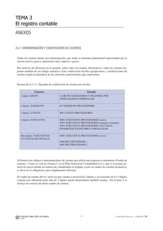J. J. Alcarria - ISBN: 978-84-691-1809-2 Contabilidad Financiera I - 2008/2009 - UJIContabilidad Financiera I - CO2 - 1r. semestre
2007 / 2008
© UJI75
ANEXOS
TEMA 3
El registro contable
A.3.1 DENOMINACIÓN Y CODIFICACIÓN DE CUENTAS
Todas las cuentas tienen una denominación, que alude al elemento patrimonial representado por la
misma (activo, pasivo, patrimonio neto, ingreso o gasto).
Por motivos de eﬁciencia en la gestión, sobre todo con medios informáticos, todas las cuentas dis-
ponen también de un código numérico. Esta codiﬁcación facilita agrupaciones y clasiﬁcaciones de
cuentas según la naturaleza de los elementos patrimoniales que representan.
Ilustración A.3.1.1. Ejemplo de codiﬁcación de cuentas por niveles
Esquema Ejemplo
1 dígito: GRUPO 4: GRUPO ACREEDORES Y DEUDORES POR
OPERACIONES COMERCIALES
2 dígitos: SUBGRUPO 40: SUBGRUPO PROVEEDORES
3 dígitos: CUENTA 400: CUENTA PROVEEDORES
4 dígitos: SUBCUENTA 4000: SUBCUENTA PROVEEDORES (euros)
4004: SUBCUENTA PROVEEDORES (moneda extranjera)
4009: SUBCUENTA PROVEEDORES, FACTURAS
PENDIENTES DE RECIBIR O FORMALIZAR
Más dígitos: SUBCUENTAS
O CUENTAS DE DETALLE
4000: SUBCUENTA PROVEEDORES (euros)
4000 0001 PROVEEDOR 1
4000 0002 PROVEEDOR 2
...
Al listado con códigos y denominaciones de cuentas que utiliza una empresa se denomina «Cuadro de
cuentas». Como se verá en el tema 5, en el Plan General de Contabilidad (PGC), que es la norma ge-
neral de mayor detalle en materia de contabilidad en España, existe un cuadro de cuentas facultativo,
es decir no es obligatorio, pero ampliamente utilizado.
El cuadro de cuentas del PGC suele recoger cuentas a un nivel de 3 dígitos y en ocasiones de 4 o 5 dígitos
(cuando una subcuenta tiene más de 3 dígitos puede denominarse también cuenta). En el tema 5 se
incluye un extracto de dicho cuadro de cuentas.
 