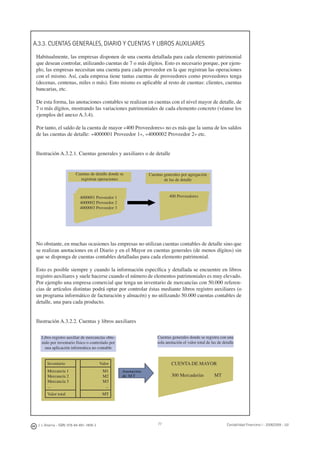 J. J. Alcarria - ISBN: 978-84-691-1809-2 Contabilidad Financiera I - 2008/2009 - UJI77
A.3.3. CUENTAS GENERALES, DIARIO Y CUENTAS Y LIBROS AUXILIARES
Habitualmente, las empresas disponen de una cuenta detallada para cada elemento patrimonial
que desean controlar, utilizando cuentas de 7 o más dígitos. Esto es necesario porque, por ejem-
plo, las empresas necesitan una cuenta para cada proveedor en la que registran las operaciones
con el mismo. Así, cada empresa tiene tantas cuentas de proveedores como proveedores tenga
(decenas, centenas, miles o más). Esto mismo es aplicable al resto de cuentas: clientes, cuentas
bancarias, etc.
De esta forma, las anotaciones contables se realizan en cuentas con el nivel mayor de detalle, de
7 o más dígitos, mostrando las variaciones patrimoniales de cada elemento concreto (véanse los
ejemplos del anexo A.3.4).
Por tanto, el saldo de la cuenta de mayor «400 Proveedores» no es más que la suma de los saldos
de las cuentas de detalle: «4000001 Proveedor 1», «4000002 Proveedor 2» etc.
Ilustración A.3.2.1. Cuentas generales y auxiliares o de detalle
No obstante, en muchas ocasiones las empresas no utilizan cuentas contables de detalle sino que
se realizan anotaciones en el Diario y en el Mayor en cuentas generales (de menos dígitos) sin
que se disponga de cuentas contables detalladas para cada elemento patrimonial.
Esto es posible siempre y cuando la información especíﬁca y detallada se encuentre en libros
registro auxiliares y suele hacerse cuando el número de elementos patrimoniales es muy elevado.
Por ejemplo una empresa comercial que tenga un inventario de mercancías con 50.000 referen-
cias de artículos distintas podrá optar por controlar éstas mediante libros registro auxiliares (o
un programa informático de facturación y almacén) y no utilizando 50.000 cuentas contables de
detalle, una para cada producto.
Ilustración A.3.2.2. Cuentas y libros auxiliares
Cuentas de detalle donde se
registran operaciones
Cuentas generales por agregación
de las de detalle
4000001 Proveedor 1
4000002 Proveedor 2
4000003 Proveedor 3
400 Proveedores
Libro registro auxiliar de mercancías obte-
nido por inventario físico o controlado por
una aplicación informática no contable
Cuentas generales donde se registra con una
sola anotación el valor total de las de detalle
Inventario Valor
Mercancía 1
Mercancía 2
Mercancía 3
...
M1
M2
M3
...
Valor total MT
CUENTA DE MAYOR
300 Mercaderías MT
Anotación
de MT
 