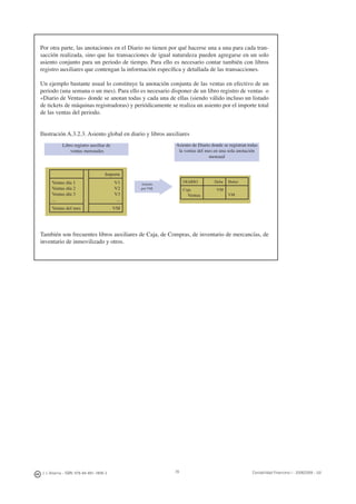 78J. J. Alcarria - ISBN: 978-84-691-1809-2 Contabilidad Financiera I - 2008/2009 - UJI
Por otra parte, las anotaciones en el Diario no tienen por qué hacerse una a una para cada tran-
sacción realizada, sino que las transacciones de igual naturaleza pueden agregarse en un solo
asiento conjunto para un periodo de tiempo. Para ello es necesario contar también con libros
registro auxiliares que contengan la información especíﬁca y detallada de las transacciones.
Un ejemplo bastante usual lo constituye la anotación conjunta de las ventas en efectivo de un
periodo (una semana o un mes). Para ello es necesario disponer de un libro registro de ventas o
«Diario de Ventas» donde se anotan todas y cada una de ellas (siendo válido incluso un listado
de tickets de máquinas registradoras) y periódicamente se realiza un asiento por el importe total
de las ventas del periodo.
Ilustración A.3.2.3. Asiento global en diario y libros auxiliares
También son frecuentes libros auxiliares de Caja, de Compras, de inventario de mercancías, de
inventario de inmovilizado y otros.
Libro registro auxiliar de
ventas mensuales
Asiento de Diario donde se registran todas
la ventas del mes en una sola anotación
mensual
Importe
Ventas día 1
Ventas día 2
Ventas día 3
...
V1
V2
V3
...
Ventas del mes VM
DIARIO Debe Haber
Caja
Ventas
VM
VM
Asiento
por VM
◀
 