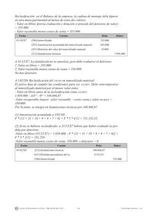 100I. Fuertes / B. Gill de Albornoz / M. Rohr - ISBN: 978-84-693-7378-1 Contabilidad financiera I - UJI
Reclasificación: en el Balance de la empresa, la cadena de montaje debe figurar
en otra masa patrimonial al menor de estos dos valores:
- Valor en libros (previa evaluación y dotación si procede del deterioro de valor)
= 355.000.
- Valor razonable menos costes de venta = 355.000.
Fecha Cuenta Debe Haber
01/10/X7 (580) Inmovilizado 355.000
(281) Amortización acumulada del inmovilizado material 693.000
(291) Deterioro del valor del inmovilizado material 10.000
(212) Instalaciones técnicas 1.058.000
A 31/12/X7. La instalación no se amortiza, pero debe evaluarse el deterioro:
1. Valor en libros = 355.000.
2. Valor razonable menos costes de venta = 356.000.
No hay deterioro.
A 1/02/X8. Reclasificación del ancmv en inmovilizado material:
El activo deja de cumplir las condiciones para ser ancmpv. Debe reincorporarse
al inmovilizado material por el menor valor entre:
- Valor en libros antes de la reclasificación como ancmpv:
1.058.000 – AA(1)
– 0(2)
= 346.666,67
-Valor recuperable (mayor: valor razonable – costes venta y valor en uso) =
350.000.
Por lo tanto, se integra en Instalaciones técnicas por 346.666,67.
(1) Amortización acumulada a 1/02/X8:
F * (12 + 11 + 10 + 9 + 8 + 7 + 6) + F * 5 * 4/12 = 711.333,33.
(2) Si no se hubiese reclasificado, a 31/12/X7 habría que haber evaluado la pér-
dida por deterioro:
-Valor en libros (31/12/X7) = 1.058.000 – F * (12 + 11 + 10 + 9 + 8 + 7 + 6)] +
F * 5 * 3/12 = 351.250.
-Valor razonable menos costes de venta: 356.000 → deterioro = 0.
Fecha Cuenta Debe Haber
01/02/X8 (212) Instalaciones técnicas 346.666,67
(671) Pérdidas procedentes del im 8.333,33
(580) Inmovilizado 355.000
 