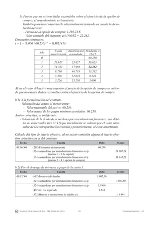 102I. Fuertes / B. Gill de Albornoz / M. Rohr - ISBN: 978-84-693-7378-1 Contabilidad financiera I - UJI
b) Puesto que no existen dudas razonables sobre el ejercicio de la opción de
compra, el arrendamiento es financiero.
	 También podemos comprobarlo adicionalmente teniendo en cuenta la Reso-
lución del icac:
- Precio de la opción de compra: 1.292,24 €.
- Valor contable del elemento a 01/06/X2 = 22.262.
Descuento compuesto:
t = 1 – (5.000 / 60.250)1/5
= 0,3921413
Año
Cuota
amortización
Amortización
acumulada
Pendiente a
31-12
0 60.250
1 23.627 23.627 36.623
2 14.362 37.988 22.262
3 8.730 46.718 13.532
4 5.306 52.024 8.226
5 3.226 55.250 5.000
Al ser el valor del activo muy superior al precio de la opción de compra se entien-
de que no existen dudas razonables sobre el ejercicio de la opción de compra.
b.1) A la formalización del contrato.
- Valoración del activo al menor entre:
-	 Valor razonable del activo: 60.250.
-	 Valor actual de los pagos mínimos acordados: 60.250.
Ambos coinciden, es indiferente:
- Valoración de la deuda de acreedores por arrendamiento financiero: son débi-
tos no comerciales (ver nv 9.ª) que inicialmente se valoran por el valor razo-
nable de la contraprestación recibida y posteriormente, al coste amortizado.
Cálculo del tipo de interés efectivo: al no existir comisión alguna el interés efec-
tivo coincide con el del contrato.
Fecha Cuenta Debe Haber
01/06/X0 (218) Elementos de transporte 60.250
(524) Acreedores por arrendamiento financiero a c/p
(cuotas 1 + 2 de capital)
28.607,78
(174) Acreedores por arrendamiento financiero a l/p
(cuotas 3 + 4 + opción de compra)
31.642,22
b.2) Por el devengo de intereses y pago de la cuota 1.
Fecha Cuenta Debe Haber
01/12/X0 (662) Intereses de deudas 1.807,50
(524) Acreedores por arrendamiento financiero a c/p 1.807,50
(524) Acreedores por arrendamiento financiero a c/p 15.900
(472) hp, iva soportado 2.544
(572) Bancos e instituciones de crédito c/c 18.444
 
