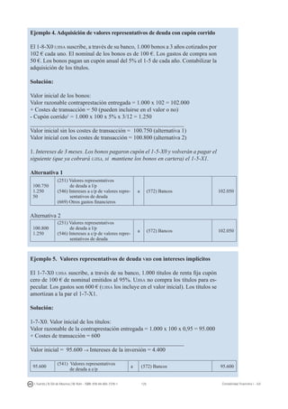 125I. Fuertes / B. Gill de Albornoz / M. Rohr - ISBN: 978-84-693-7378-1 Contabilidad financiera I - UJI
Ejemplo 4. Adquisición de valores representativos de deuda con cupón corrido
El 1-8-X0 ujisa suscribe, a través de su banco, 1.000 bonos a 3 años cotizados por
102 € cada uno. El nominal de los bonos es de 100 €. Los gastos de compra son
50 €. Los bonos pagan un cupón anual del 5% el 1-5 de cada año. Contabilizar la
adquisición de los títulos.
Solución:
Valor inicial de los bonos:
Valor razonable contraprestación entregada = 1.000 x 102 = 102.000
+ Costes de transacción = 50 (pueden incluirse en el valor o no)
- Cupón corrido1
= 1.000 x 100 x 5% x 3/12 = 1.250
_____________________________________________________
Valor inicial sin los costes de transacción = 100.750 (alternativa 1)
Valor inicial con los costes de transacción = 100.800 (alternativa 2)
1. Intereses de 3 meses. Los bonos pagaron cupón el 1-5-X0 y volverán a pagar el
siguiente (que ya cobrará ujisa, si mantiene los bonos en cartera) el 1-5-X1.
Alternativa 1
100.750
1.250
50
(251) Valores representativos
de deuda a l/p
(546) Intereses a c/p de valores repre-
sentativos de deuda
(669) Otros gastos financieros
a (572) Bancos 102.050
Alternativa 2
100.800
1.250
(251) Valores representativos
de deuda a l/p
(546) Intereses a c/p de valores repre-
sentativos de deuda
a (572) Bancos 102.050
Ejemplo 5. Valores representativos de deuda vrd con intereses implícitos
El 1-7-X0 ujisa suscribe, a través de su banco, 1.000 títulos de renta fija cupón
cero de 100 € de nominal emitidos al 95%. Ujisa no compra los títulos para es-
pecular. Los gastos son 600 € (ujisa los incluye en el valor inicial). Los títulos se
amortizan a la par el 1-7-X1.
Solución:
1-7-X0. Valor inicial de los títulos:
Valor razonable de la contraprestación entregada = 1.000 x 100 x 0,95 = 95.000
+ Costes de transacción = 600
_____________________________________________________
Valor inicial = 95.600 → Intereses de la inversión = 4.400
95.600
(541) Valores representativos
de deuda a c/p
a (572) Bancos 95.600
 