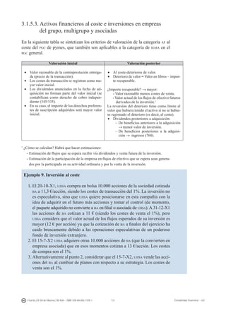 131I. Fuertes / B. Gill de Albornoz / M. Rohr - ISBN: 978-84-693-7378-1 Contabilidad financiera I - UJI
3.1.5.3. Activos financieros al coste e inversiones en empreas
	 del grupo, multigrupo y asociadas
En la siguiente tabla se sintetizan los criterios de valoración de la categoría af al
coste del pgc de pymes, que también son aplicables a la categoría de igma en el
pgc general.
Valoración inicial Valoración posterior
•	 Valor razonable de la contraprestación entrega-
da (precio de la transacción).
•	 Los costes de transacción se registran como ma-
yor valor inicial.
•	 Los dividendos anunciados en la fecha de ad-
quisición no forman parte del valor inicial (se
contabilizan como derecho de cobro indepen-
diente (545/535).
•	 En su caso, el importe de los derechos preferen-
tes de suscripción adquiridos será mayor valor
inicial.
•	 Al coste-deterioros de valor.
•	 Deterioro de valor = Valor en libros – impor-
te recuperable.
¿Importe recuperable? → mayor:
- Valor razonable menos costes de venta.
- Valor actual de los flujos de efectivo futuros
derivados de la inversión.1
La reversión del deterioro tiene como límite el
valor que hubiera tenido el activo si no se hubie-
se registrado el deterioro (es decir, el coste).
•	 Dividendos posteriores a adquisición:
–	De beneficios anteriores a la adquisición
→ menor valor de inversión.
–	De beneficios posteriores a la adquisi-
ción → ingresos (760).
1
¿Cómo se calculan? Habrá que hacer estimaciones:
- Estimación de flujos que se espera recibir vía dividendos y venta futura de la inversión.
- Estimación de la participación de la empresa en flujos de efectivo que se espera sean genera-
dos por la participada en su actividad ordinaria y por la venta de la inversión.
Ejemplo 9. Inversión al coste
1.	El 20-10-X1, ujisa compra en bolsa 10.000 acciones de la sociedad cotizada
ba a 11,3 €/acción, siendo los costes de transacción del 1%. La inversión no
es especulativa, sino que ujisa quiere posicionarse en esta compañía con la
idea de adquirir en el futuro más acciones y tomar el control (de momento,
el paquete adquirido no convierte a ba en filial o asociada de ujisa).A31-12-X1
las acciones de ba cotizan a 11 € (siendo los costes de venta el 1%), pero
ujisa considera que el valor actual de los flujos esperados de su inversión es
mayor (12 € por acción) ya que la cotización de ba a finales del ejercicio ha
caído bruscamente debido a las operaciones especulativas de un poderoso
fondo de inversión extranjero.
2.	El 15-7-X2 ujisa adquiere otras 10.000 acciones de ba (que la convierten en
empresa asociada) que en esos momentos cotizan a 13 €/acción. Los costes
de compra son el 1%.
3.	Alternativamente al punto 2, considerar que el 15-7-X2, ujisa vende las acci-
ones del ba al cambiar de planes con respecto a su estrategia. Los costes de
venta son el 1%.
 