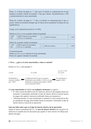 13I. Fuertes / B. Gill de Albornoz / M. Rohr - ISBN: 978-84-693-7378-1 Contabilidad financiera I - UJI
Punto c), el plazo de pago es  1 año, pero el interés es contractual por lo que
tampoco se puede valorar al nominal → hay que valorar inicialmente por 1.160
y posteriormente al coste amortizado.
Punto d), el plazo de pago es  1 año y el interés es contractual por lo que se
puede valorar al nominal (siempre que el efecto de no actualizar los flujos no sea
significativo).
Luego, en la valoración inicial (el 1-6-X0):
Puntos a), b) y c); no se puede valorar al nominal
1.000
160
(600) Compras de mercaderías
(472) hp, iva soportado
a (400) Proveedores 1.160
Punto d), se puede valorar al nominal
1.100
160
(600) Compras de mercaderías
(472) hp, iva soportado
a (400) Proveedores 1.260
Y posteriormente:
Puntos a), b) y c); se valorará al coste amortizado
Punto d), seguirá valorado al nominal.
•  Pero… ¿qué es el coste amortizado y cómo se calcula?
Puntos a), b) y c) del ejemplo 2:
									 a) y b) 1-7-X1
1-6-X0				 31-12-X0				 b) 1-4-X1
Inicialmente A		 La diferencia entre lo que se reconoce	 Al vencimiento A
reconoce el débito	 inicialmente como débito (1.160 €) y lo que	 pagará 1.260 €
por 1.160 €		 finalmente se pagará al proveedor (1.260 €)
			 son los intereses (100 €)
El coste amortizado del débito en cualquier momento t es igual a:
•	El valor inicial del débito más los intereses efectivos devengados hasta ese
momento t (calculados utilizando el tipo de interés efectivo inicial) menos
los pagos (de capital e intereses) realizados hasta ese momento t.
•	Alternativamente, el coste amortizado es también el valor actual de los flu-
jos pendientes de pago descontados hasta el momento t utilizando el tipo de
interés efectivo inicial de la operación.
Solo nos falta saber qué es el tipo de interés efectivo de la operación:
Según el marco conceptual del pgc, la tasa de interés efectivo (en un pasivo fi-
nanciero) es aquella tasa de descuento que iguala el valor inicial a los flujos pen-
dientes de pago.
 