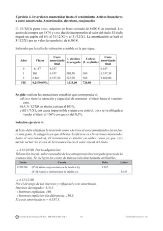 151I. Fuertes / B. Gill de Albornoz / M. Rohr - ISBN: 978-84-693-7378-1 Contabilidad financiera I - UJI
Ejercicio 4. Inversiones mantenidas hasta el vencimiento. Activos financieros
a coste amortizado. Amortización, deterioro, enajenación
El 1/1/X0 la pyme ujisa, adquiere un bono cotizado de 6.000 € de nominal. Los
gastos de compra son 187 € y ujisa decide incorporarlos al valor del título. El título
pagará un cupón del 6% el 31/12/X0 y el 31/12/X1. La amortización se hará el
31/12/X1 por un valor de reembolso de 6.500 €.
Sabiendo que la tabla de valoración contable es la que sigue:
Años Flujos
Coste
amortizado
final
I. efectivo
devengado
Cobros
(I. explícito)
Coste
amortizado
final
0 –6.187 6.187 6.187
1 360 6.187 510,30 360 6.337,30
2 6.860 6.337,30 522,70 360 6.860,00
TIE 8,2479649% 1.033,00 720,00
Se pide: realizar las anotaciones contables que corresponda si:
a)	Ujisa tiene la intención y capacidad de mantener el título hasta el vencimi-
ento.
b)	A 31/12/X0 los títulos cotizan al 103%.
c)	El 1/7/X1, por causa imprevisible y ajena a su control, ujisa se ve obligada a
vender el título al 106% con gastos del 0,5%.
Solución ejercicio 4:
a) Ujisa debe clasificar la inversión como «Activos al coste amortizado» (si no fue-
ra una pyme, la categoría en que debería clasificarse es «Inversiones mantenidas
hasta el vencimiento»). El tratamiento es similar en ambos casos ya que ujisa
decide incluir los costes de la transacción en el valor inicial del título.
→ A 01/10/X0. Por la adquisición:
Valoración inicial: valor razonable de la contraprestación entregada (precio de la
transacción). Se incluyen los costes de transacción directamente atribuibles.
Fecha Cuenta Debe Haber
01/01/X0 (251) Valores representativos de deuda a l/p 6.187
(572) Bancos e instituciones de crédito c/c 6.187
→ A 31/12/X0
Por el devengo de los intereses y reflejo del coste amortizado.
Intereses devengados: 510,3.
→ Intereses explícitos: 360.
→ Intereses implícitos (la diferencia): 150,3.
El coste amortizado es = 6.337,3.
 