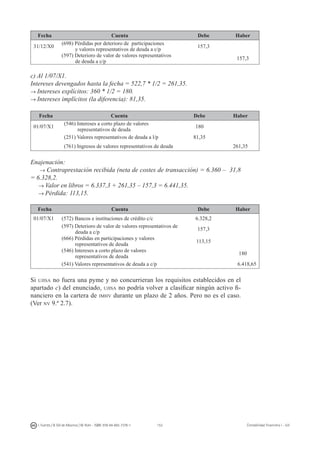 153I. Fuertes / B. Gill de Albornoz / M. Rohr - ISBN: 978-84-693-7378-1 Contabilidad financiera I - UJI
Fecha Cuenta Debe Haber
31/12/X0
(698) Pérdidas por deterioro de participaciones
y valores representativos de deuda a c/p
157,3
(597) Deterioro de valor de valores representativos
de deuda a c/p
157,3
c) Al 1/07/X1.
Intereses devengados hasta la fecha = 522,7 * 1/2 = 261,35.
→ Intereses explícitos: 360 * 1/2 = 180.
→ Intereses implícitos (la diferencia): 81,35.
Fecha Cuenta Debe Haber
01/07/X1
(546) Intereses a corto plazo de valores
representativos de deuda
180
(251) Valores representativos de deuda a l/p 81,35
(761) Ingresos de valores representativos de deuda 261,35
Enajenación:
→ Contraprestación recibida (neta de costes de transacción) = 6.360 – 31,8
= 6.328,2.
→ Valor en libros = 6.337,3 + 261,35 – 157,3 = 6.441,35.
→ Pérdida: 113,15.
Fecha Cuenta Debe Haber
01/07/X1 (572) Bancos e instituciones de crédito c/c 6.328,2
(597) Deterioro de valor de valores representativos de
deuda a c/p
157,3
(666) Pérdidas en participaciones y valores
representativos de deuda
113,15
(546) Intereses a corto plazo de valores
representativos de deuda
180
(541) Valores representativos de deuda a c/p 6.418,65
Si ujisa no fuera una pyme y no concurrieran los requisitos establecidos en el
apartado c) del enunciado, ujisa no podría volver a clasificar ningún activo fi-
nanciero en la cartera de imhv durante un plazo de 2 años. Pero no es el caso.
(Ver nv 9.ª 2.7).
 
