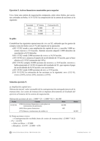 154I. Fuertes / B. Gill de Albornoz / M. Rohr - ISBN: 978-84-693-7378-1 Contabilidad financiera I - UJI
Ejercicio 5. Activos financieros mantenidos para negociar
Ujisa tiene una cartera de negociación compuesta, entre otros títulos, por accio-
nes cotizadas en bolsa. A 31/12/X1 la composición de la cartera de acciones es la
siguiente:
Sociedad Nº títulos Cotización (€)
bbva 3.000 15
endesa 5.500 16
repsol 18.000 3
Se pide:
Contabilizar las siguientes operaciones de ujisa en X2, sabiendo que los gastos de
compra-venta de títulos son el 1% del importe de la operación:
a)	El 1/2/X2 acude a una ampliación de capital de bbva y suscribe 3.000 ac-
ciones nuevas a 15 €/acción. Además necesita adquirir 3.000 derechos de
suscripción a 0,5 €/derecho.
b)	El 1/3/X2 vende 2.000 acciones de endesa a 16,5 €/acción.
c)	El 3/4/X2 bbva anuncia el reparto de un dividendo de 1 €/acción, que se hace
efectivo el 1/5/X2 (retención del 18%)
d)	El 15/6/X2 compra 10.000 acciones de iberdrola a 16 €/acción. iberdrola
había anunciado el 1/6/X2 el reparto del resultado de X1, que supone el pago
de un dividendo de 0,5 €/acción a sus accionistas.
e)	El 1/8/X2 vende 4.000 acciones de bbva a 15 €/acción.
f)	El 31/12/X2 la cotización de las acciones es la siguiente: bbva (15,5 €),
endesa (14 €), repsol (4 €), iberdrola (15 €).
Solución ejercicio 5:
a) Ampliación capital bbva:
Valoración inicial: valor razonable de la contraprestación entregada (precio de la
transacción). Los costes de transacción se imputan directamente al resultado del
ejercicio al tratarse de la cartera de negociación.
Valoración acciones de bbva: 3.000 * 15 + 3.000 * 0,5 = 46.500
Fecha Cuenta Debe Haber
01/02/X2
(540) Inversiones financieras a corto plazo en
instrumentos de patrimonio
46.500
(669) Otros gastos financieros 465
(572) Bancos e instituciones de crédito c/c 46.965
b) Venta acciones endesa:
→ Contraprestación recibida (neta de costes de transacción): (2.000 * 16,5)
– 1% = 32.670.
→ Valor en libros = 32.000.
→ Beneficio: 32.670 – 32.000 = 670.
 