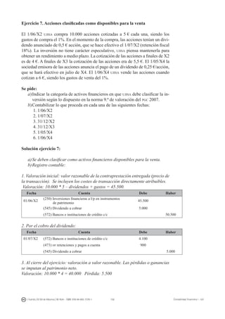 158I. Fuertes / B. Gill de Albornoz / M. Rohr - ISBN: 978-84-693-7378-1 Contabilidad financiera I - UJI
Ejercicio 7. Acciones clasificadas como disponibles para la venta
El 1/06/X2 ujisa compra 10.000 acciones cotizadas a 5 € cada una, siendo los
gastos de compra el 1%. En el momento de la compra, las acciones tenían un divi-
dendo anunciado de 0,5 € acción, que se hace efectivo el 1/07/X2 (retención fiscal
18%). La inversión no tiene carácter especulativo, ujisa piensa mantenerla para
obtener un rendimiento a medio plazo. La cotización de las acciones a finales de X2
es de 4 €. A finales de X3 la cotización de las acciones era de 5,5 €. El 1/05/X4 la
sociedad emisora de las acciones anuncia el pago de un dividendo de 0,25 €/acción,
que se hará efectivo en julio de X4. El 1/06/X4 ujisa vende las acciones cuando
cotizan a 6 €, siendo los gastos de venta del 1%.
Se pide:
a)	Indicar la categoría de activos financieros en que ujisa debe clasificar la in-
versión según lo dispuesto en la norma 9.ª de valoración del pgc 2007.
b)	Contabilizar lo que proceda en cada una de las siguientes fechas:
1.	1/06/X2
2.	1/07/X2
3.	31/12/X2
4.	31/12/X3
5.	1/05/X4
6.	1/06/X4
Solución ejercicio 7:
a)	Se deben clasificar como activos financieros disponibles para la venta.
b)	Registro contable:
1. Valoración inicial: valor razonable de la contraprestación entregada (precio de
la transacción). Se incluyen los costes de transacción directamente atribuibles.
Valoración: 10.000 * 5 – dividendos + gastos = 45.500.
Fecha Cuenta Debe Haber
01/06/X2
(250) Inversiones financieras a l/p en instrumentos
de patrimonio
45.500
(545) Dividendo a cobrar 5.000
(572) Bancos e instituciones de crédito c/c 50.500
2. Por el cobro del dividendo:
Fecha Cuenta Debe Haber
01/07/X2 (572) Bancos e instituciones de crédito c/c 4.100
(473) hp retenciones y pagos a cuenta 900
(545) Dividendo a cobrar 5.000
3. Al cierre del ejercicio: valoración a valor razonable. Las pérdidas o ganancias
se imputan al patrimonio neto.
Valoración: 10.000 * 4 = 40.000 Pérdida: 5.500
 
