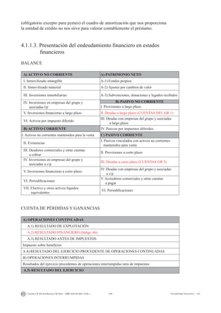 169I. Fuertes / B. Gill de Albornoz / M. Rohr - ISBN: 978-84-693-7378-1 Contabilidad financiera I - UJI
(obligatorio excepto para pymes) el cuadro de amortización que nos proporciona
la entidad de crédito no nos sirve para valorar contablemente el préstamo.
4.1.1.3. Presentación del endeudamiento financiero en estados
	 financieros
BALANCE
A) ACTIVO NO CORRIENTE A) PATRIMONIO NETO
I. Inmovilizado intangible A-1) Fondos propios
II. Inmovilizado material A-2) Ajustes por cambios de valor
III. Inversiones inmobiliarias A-3) Subvenciones, donaciones y legados recibidos
IV. Inversiones en empresas del grupo y
asociadas l/p
B) PASIVO NO CORRIENTE
I. Provisiones a largo plazo
V. Inversiones financieras a largo plazo II. Deudas a largo plazo (CUENTAS DEL GR 1)
VI. Activos por impuesto diferido
III. Deudas con empresas del grupo y asociadas
a largo plazo
B) ACTIVO CORRIENTE IV. Pasivos por impuestos diferidos
I. Activos no corrientes mantenidos para la venta C) PASIVO CORRIENTE
II. Existencias
I. Pasivos vinculados con activos no corrientes
mantenidos para venta
III. Deudores comerciales y otras cuentas
a cobrar
II. Provisiones a corto plazo
IV. Inversiones en empresas del grupo y
asociadas a c/p
III. Deudas a corto plazo (CUENTAS GR 5)
V. Inversiones financieras a corto plazo
IV. Deudas con empresas del grupo y asociadas
a c/p
VI. Periodificaciones
V. Acreedores comerciales y otras cuentas
a pagar
VII. Efectivo y otros activos líquidos
equivalentes
VI. Periodificaciones
CUENTA DE PÉRDIDAS Y GANANCIAS
A) OPERACIONES CONTINUADAS
A.1) RESULTADO DE EXPLOTACIÓN
A.2) RESULTADO FINANCIERO (Subgr. 66)
A.3) RESULTADO ANTES DE IMPUESTOS
Impuesto sobre beneficios
A.4) RESULTADO DEL EJERCICIO PROCEDENTE DE OPERACIONES CONTINUADAS
B) OPERACIONES INTERRUMPIDAS
Resultados del ejercicio procedentes de operaciones interrumpidas neto de impuestos
A.5) RESULTADO DEL EJERCICIO
 