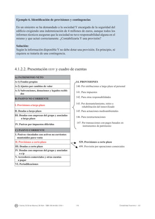 178I. Fuertes / B. Gill de Albornoz / M. Rohr - ISBN: 978-84-693-7378-1 Contabilidad financiera I - UJI
Ejemplo 6. Identificación de provisiones y contingencias
En un siniestro se ha demandado a la sociedad Y encargada de la seguridad del
edificio exigiendo una indemnización de 4 millones de euros, aunque todos los
informes técnicos aseguran que la sociedad no tuvo responsabilidad alguna en el
mismo y que actuó correctamente. ¿Contabilizaría Y una provisión?
Solución:
Según la información disponible Y no debe dotar una provisión. En principio, ni
siquiera se trataría de una contingencia.
4.1.2.2. Presentación eeff y cuadro de cuentas
A) PATRIMONIO NETO
A-1) Fondos propios 14. PROVISIONES
A-2) Ajustes por cambios de valor 140. Por retribuciones a largo plazo al personal
A-3) Subvenciones, donaciones y legados recibi-
dos
141. Para impuestos
B) PASIVO NO CORRIENTE
142. Para otras responsabilidades
I. Provisiones a largo plazo
143. Por desmantelamiento, retiro o
rehabilitación del inmovilizado
II. Deudas a largo plazo 145. Para actuaciones medioambientales
III. Deudas con empresas del grupo y asociadas
a largo plazo
146. Para reestructuraciones
IV. Pasivos por impuestos diferidos
147. Por transacciones con pagos basados en
instrumentos de patrimonio
C) PASIVO CORRIENTE
I. Pasivos vinculados con activos no corrientes
mantenidos para venta
II. Provisiones a corto plazo 529. Provisiones a corto plazo
III. Deudas a corto plazo 499. Provisión por operaciones comerciales
IV. Deudas con empresas del grupo y asociadas
a c/p
V. Acreedores comerciales y otras cuentas
a pagar
VI. Periodificaciones
 