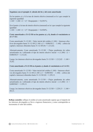 19I. Fuertes / B. Gill de Albornoz / M. Rohr - ISBN: 978-84-693-7378-1 Contabilidad financiera I - UJI
Seguimos con el ejemplo 4: cálculo del tie y del coste amortizado
En los puntos a) y b) la tasa de interés efectiva (mensual) es la i que cumple la
siguiente igualdad:
1.160 = 1.260 / (1 + i)13
. Despejando i = 0,6381%.
En el punto c) la tasa de interés efectiva (mensual) es la i que cumple la siguiente
igualdad:
1.160 = 1.260 / (1 + i)10
. Despejando i = 0,8304%.
Coste amortizado a 31-12-X0 en los puntos a) y b), donde el vencimiento es
el 1-7-X1:
Coste amortizado 31-12-X0 = Valor inicial del crédito (1.160) + Intereses efec-
tivos devengados hasta 31-12-X0 [1.160 x (1 + 0,006381)7
– 1.160] – cobros de
capital e intereses obtenidos hasta 31-12-X0 (0) = 1.212,82.
Alternativamente, Coste amortizado 31-12-X0 = Flujos pendientes de cobro
actualizados en t utilizando el tipo de interés efectivo inicial → (1.260) / (1 +
0.006381)6
= 1.212,82.
Luego, los intereses efectivos devengados hasta 31-12-X0 = 1.212,82 – 1.160 =
52,82.
Coste amortizado a 31-12-X0 en el punto c), donde el vencimiento es el 1-4-X1:
Coste amortizado 31-12-X0 = Valor inicial del crédito (1.160) + Intereses efecti-
vos devengados hasta 31-12-X0 [1.160 x (1 + 0,008304)7
– 1.160] – cobros (de
capital e intereses) obtenidos hasta 31-12-X0 (0) = 1.229,13.
Alternativamente, coste amortizado 31-12-X0 = Flujos pendientes de cobro
actualizados en t utilizando el tipo de interés efectivo inicial → (1.260) / (1 +
0,008304)3
= 1.229,13.
Luego, los intereses efectivos devengados hasta 31-12-X0 = 1.229,13 – 1.160 =
69,13.
Reflejo contable: reflejar el crédito al coste amortizado supone que el importe de
los intereses devengados se lleve a ingresos financieros y como contrapartida se
incremente el valor del crédito.
 