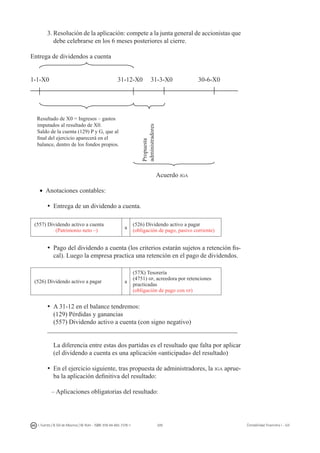 209I. Fuertes / B. Gill de Albornoz / M. Rohr - ISBN: 978-84-693-7378-1 Contabilidad financiera I - UJI
3.	Resolución de la aplicación: compete a la junta general de accionistas que
debe celebrarse en los 6 meses posteriores al cierre.
Entrega de dividendos a cuenta
1-1-X0				 31-12-X0 31-3-X0	 30-6-X0
Resultado de X0 = Ingresos – gastos
imputados al resultado de X0.
Saldo de la cuenta (129) P y G, que al
final del ejercicio aparecerá en el
balance, dentro de los fondos propios.
						 Acuerdo jga
•	Anotaciones contables:
ü	Entrega de un dividendo a cuenta.
(557) Dividendo activo a cuenta
(Patrimonio neto –)
a
(526) Dividendo activo a pagar
(obligación de pago, pasivo corriente)
ü	Pago del dividendo a cuenta (los criterios estarán sujetos a retención fis-
cal). Luego la empresa practica una retención en el pago de dividendos.
(526) Dividendo activo a pagar a
(57X) Tesorería
(4751) hp, acreedora por retenciones
practicadas
(obligación de pago con hp)
ü	A 31-12 en el balance tendremos:
	 (129) Pérdidas y ganancias
	 (557) Dividendo activo a cuenta (con signo negativo)
___________________________________________________________
	 La diferencia entre estas dos partidas es el resultado que falta por aplicar
(el dividendo a cuenta es una aplicación «anticipada» del resultado)
ü	En el ejercicio siguiente, tras propuesta de administradores, la jga aprue-
ba la aplicación definitiva del resultado:
– Aplicaciones obligatorias del resultado:
Propuesta
administradores
 