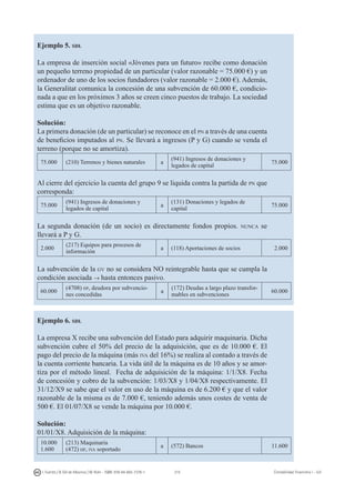 215I. Fuertes / B. Gill de Albornoz / M. Rohr - ISBN: 978-84-693-7378-1 Contabilidad financiera I - UJI
Ejemplo 5. sdl
La empresa de inserción social «Jóvenes para un futuro» recibe como donación
un pequeño terreno propiedad de un particular (valor razonable = 75.000 €) y un
ordenador de uno de los socios fundadores (valor razonable = 2.000 €). Además,
la Generalitat comunica la concesión de una subvención de 60.000 €, condicio-
nada a que en los próximos 3 años se creen cinco puestos de trabajo. La sociedad
estima que es un objetivo razonable.
Solución:
La primera donación (de un particular) se reconoce en el pn a través de una cuenta
de beneficios imputados al pn. Se llevará a ingresos (P y G) cuando se venda el
terreno (porque no se amortiza).
75.000 (210) Terrenos y bienes naturales a
(941) Ingresos de donaciones y
legados de capital
75.000
Al cierre del ejercicio la cuenta del grupo 9 se liquida contra la partida de pn que
corresponda:
75.000
(941) Ingresos de donaciones y
legados de capital
a
(131) Donaciones y legados de
capital
75.000
La segunda donación (de un socio) es directamente fondos propios. nunca se
llevará a P y G.
2.000
(217) Equipos para procesos de
información
a (118) Aportaciones de socios 2.000
La subvención de la gv no se considera NO reintegrable hasta que se cumpla la
condición asociada → hasta entonces pasivo.
60.000
(4708) hp, deudora por subvencio-
nes concedidas
a
(172) Deudas a largo plazo transfor-
mables en subvenciones
60.000
Ejemplo 6. sdl
La empresa X recibe una subvención del Estado para adquirir maquinaria. Dicha
subvención cubre el 50% del precio de la adquisición, que es de 10.000 €. El
pago del precio de la máquina (más iva del 16%) se realiza al contado a través de
la cuenta corriente bancaria. La vida útil de la máquina es de 10 años y se amor-
tiza por el método lineal. Fecha de adquisición de la máquina: 1/1/X8. Fecha
de concesión y cobro de la subvención: 1/03/X8 y 1/04/X8 respectivamente. El
31/12/X9 se sabe que el valor en uso de la máquina es de 6.200 € y que el valor
razonable de la misma es de 7.000 €, teniendo además unos costes de venta de
500 €. El 01/07/X8 se vende la máquina por 10.000 €.
Solución:
01/01/X8. Adquisición de la máquina:
10.000
1.600
(213) Maquinaria
(472) hp, iva soportado
a (572) Bancos 11.600
 