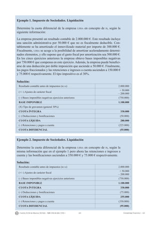 241I. Fuertes / B. Gill de Albornoz / M. Rohr - ISBN: 978-84-693-7378-1 Contabilidad financiera I - UJI
Ejemplo 1. Impuesto de Sociedades. Liquidación
Determine la cuota diferencial de la empresa ujisa en concepto de is, según la
siguiente información:
La empresa presentó un resultado contable de 2.000.000 €. Este resultado incluye
una sanción administrativa por 50.000 € que no es fiscalmente deducible. Con-
tablemente se ha amortizado el inmovilizado material por importe de 300.000 €.
Fiscalmente, ujisa se acoge a la posibilidad de amortizar aceleradamente determi-
nados elementos, y ello supone que el gasto fiscal por amortización sea 500.000 €.
En los cinco ejercicios anteriores la empresa obtuvo bases imponibles negativas
por 750.000 € que compensa en este ejercicio. Además, la empresa puede benefici-
arse de una deducción por doble imposición que asciende a 50.000 €. Finalmente,
los pagos fraccionados y las retenciones e ingresos a cuenta ascienden a 150.000 €
y 75.000 € respectivamente. El tipo impositivo es el 30%.
Solución:
Resultado contable antes de impuestos (rcai) 2.000.000
(+/–) Ajustes de carácter fiscal
+ 50.000
	 – 200.000
(–) Bases imponibles negativas ejercicios anteriores (750.000)
BASE IMPONIBLE 1.100.000
(X) Tipo de gravamen (general 30%)
CUOTA ÍNTEGRA 330.000
(–) Deducciones y bonificaciones (50.000)
CUOTA LÍQUIDA 280.000
(–) Retenciones y pagos a cuenta (225.000)
CUOTA DIFERENCIAL (55.000)
Ejemplo 2. Impuesto de Sociedades. Liquidación
Determine la cuota diferencial de la empresa ujisa en concepto de is, según la
misma información que en el ejemplo 1 pero ahora las retenciones e ingresos a
cuenta y las bonificaciones ascienden a 350.000 € y 75.000 € respectivamente.
Solución:
Resultado contable antes de impuestos (rcai) 2.000.000
(+/–) Ajustes de carácter fiscal
+ 50.000
	 – 200.000
(–) Bases imponibles negativas ejercicios anteriores (750.000)
BASE IMPONIBLE 1.100.000
CUOTA ÍNTEGRA 330.000
(–) Deducciones y bonificaciones (75.000)
CUOTA LÍQUIDA 255.000
(–) Retenciones y pagos a cuenta (350.000)
CUOTA DIFERENCIAL (95.000)
 