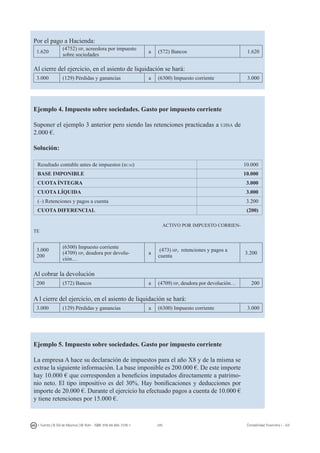 245I. Fuertes / B. Gill de Albornoz / M. Rohr - ISBN: 978-84-693-7378-1 Contabilidad financiera I - UJI
Por el pago a Hacienda:
1.620
(4752) hp, acreedora por impuesto
sobre sociedades
a (572) Bancos 1.620
Al cierre del ejercicio, en el asiento de liquidación se hará:
3.000 (129) Pérdidas y ganancias a (6300) Impuesto corriente 3.000
Ejemplo 4. Impuesto sobre sociedades. Gasto por impuesto corriente
Suponer el ejemplo 3 anterior pero siendo las retenciones practicadas a ujisa de
2.000 €.
Solución:
Resultado contable antes de impuestos (rcai) 10.000
BASE IMPONIBLE 10.000
CUOTA ÍNTEGRA 3.000
CUOTA LÍQUIDA 3.000
(–) Retenciones y pagos a cuenta 3.200
CUOTA DIFERENCIAL (200)
ACTIVO POR IMPUESTO CORRIEN-
TE
3.000
200
(6300) Impuesto corriente
(4709) hp, deudora por devolu-
ción…
a
(473) hp, retenciones y pagos a
cuenta
3.200
Al cobrar la devolución
200 (572) Bancos a (4709) hp, deudora por devolución… 200
A l cierre del ejercicio, en el asiento de liquidación se hará:
3.000 (129) Pérdidas y ganancias a (6300) Impuesto corriente 3.000
Ejemplo 5. Impuesto sobre sociedades. Gasto por impuesto corriente
La empresa A hace su declaración de impuestos para el año X8 y de la misma se
extrae la siguiente información. La base imponible es 200.000 €. De este importe
hay 10.000 € que corresponden a beneficios imputados directamente a patrimo-
nio neto. El tipo impositivo es del 30%. Hay bonificaciones y deducciones por
importe de 20.000 €. Durante el ejercicio ha efectuado pagos a cuenta de 10.000 €
y tiene retenciones por 15.000 €.
 