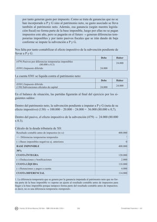 258I. Fuertes / B. Gill de Albornoz / M. Rohr - ISBN: 978-84-693-7378-1 Contabilidad financiera I - UJI
por tanto generan gasto por impuesto. Como se trata de ganancias que no se
han incorporado a P y G sino al patrimonio neto, su gasto asociado se lleva
también al patrimonio neto. Además, esa ganancia (según nuestra legisla-
ción fiscal) no forma parte de la base imponible, luego por ellas no se pagan
impuestos este año, pero se pagarán en el futuro → generan diferencias tem-
porarias imponibles y por tanto pasivos fiscales que se irán dando de baja
conforme se impute la subvención a P y G.
Nos falta por tanto contabilizar el efecto impositivo de la subvención pendiente de
llevar a P y G:
Debe Haber
(479) Pasivos por diferencias temporarias imponibles
(80.000 x 0.3)
24.000
(8301) Impuesto diferido 24.000
La cuenta 8301 se liquida contra el patrimonio neto:
Debe Haber
(8301) Impuesto diferido
(130) Subvenciones oficiales de capital 24.000
24.000
En el balance de situación, las partidas figurarán al final del ejercicio por los si-
guientes saldos:
Dentro del patrimonio neto, la subvención pendiente a imputar a P y G (neta de su
efecto impositivo) (130) → 100.000 – 20.000 – 24.000 = 56.000 (80.000 x 0,7).
Dentro del pasivo, el efecto impositivo de la subvención (479) → 24.000 (80.000
x 0.3).
Cálculo de la deuda tributaria de X8:
Resultado contable antes de impuestos (rcai) 400.000
+/– Diferencias temporarias temporales 1
(–) Bases imponibles negativas ej. anteriores 0
BASE IMPONIBLE 400.000
30%
CUOTA ÍNTEGRA 120.000
(–) Deducciones y bonificaciones 2.000
CUOTA LÍQUIDA 118.000
(–) Retenciones y pagos a cuenta 4.000
CUOTA DIFERENCIAL 114.000
1. La diferencia temporaria que se genera por la ganancia imputada al patrimonio neto que no for-
ma parte de la base imponible no supone un ajuste al resultado contable antes de impuestos para
llegar a la base imponible porque tampoco forma parte del resultado contable antes de impuestos.
es decir, no es una diferencia temporaria «temporal».
 
