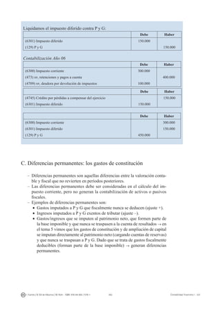 262I. Fuertes / B. Gill de Albornoz / M. Rohr - ISBN: 978-84-693-7378-1 Contabilidad financiera I - UJI
Liquidamos el impuesto diferido contra P y G:
Debe Haber
(6301) Impuesto diferido 150.000
(129) P y G 150.000
Contabilización Año 06
Debe Haber
(6300) Impuesto corriente 300.000
(473) hp, retenciones y pagos a cuenta 400.000
(4709) hp, deudora por devolución de impuestos 100.000
Debe Haber
(4745) Crédito por pérdidas a compensar del ejercicio 150.000
(6301) Impuesto diferido 150.000
Debe Haber
(6300) Impuesto corriente 300.000
(6301) Impuesto diferido 150.000
(129) P y G 450.000
C. Diferencias permanentes: los gastos de constitución
–	Diferencias permanentes son aquellas diferencias entre la valoración conta-
ble y fiscal que no revierten en períodos posteriores.
–	Las diferencias permanentes debe ser consideradas en el cálculo del im-
puesto corriente, pero no generan la contabilización de activos o pasivos
fiscales.
–	Ejemplos de diferencias permanentes son:
•	 Gastos imputados a P y G que fiscalmente nunca se deducen (ajuste +).
•	 Ingresos imputados a P y G exentos de tributar (ajuste –).
•	 Gastos/ingresos que se imputen al patrimonio neto, que formen parte de
la base imponible y que nunca se traspasen a la cuenta de resultados → en
el tema 5 vimos que los gastos de constitución y de ampliación de capital
se imputan directamente al patrimonio neto (cargando cuentas de reservas)
y que nunca se traspasan a P y G. Dado que se trata de gastos fiscalmente
deducibles (forman parte de la base imponible) → generan diferencias
permanentes.
 
