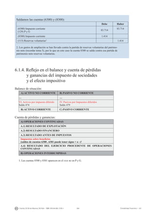 264I. Fuertes / B. Gill de Albornoz / M. Rohr - ISBN: 978-84-693-7378-1 Contabilidad financiera I - UJI
Saldamos las cuentas (6300) y (8300):
Debe Haber
(6300) Impuesto corriente
(129) P y G
83.714
83.714
(8300) Impuesto corriente 1.414
(113) Reservas voluntarias2
1.414
2. Los gastos de ampliación se han llevado contra la partida de reservas voluntarias del patrimo-
nio neto (recordar tema 5), por lo que en este caso la cuenta 8300 se salda contra esa partida de
patrimonio neto reservas voluntarias.
6.1.4. Reflejo en el balance y cuenta de pérdidas
	 y ganancias del impuesto de sociedades
	 y el efecto impositivo
Balance de situación:
A) ACTIVO NO CORRIENTE B) PASIVO NO CORRIENTE
… …
VI. Activos por impuesto diferido
Saldo 474
IV. Pasivos por Impuestos diferidos
Saldo 479
B) ACTIVO CORRIENTE C) PASIVO CORRIENTE
Cuenta de pérdidas y ganancias:
A) OPERACIONES CONTINUADAS
A.1) RESULTADO DE EXPLOTACIÓN
A.2) RESULTADO FINANCIERO
A.3) RESULTADO ANTES DE IMPUESTOS
Impuestos sobre beneficios
(saldos de cuentas 6300 , 6301 puede tener signo + o –)1
A.4) RESULTADO DEL EJERCICIO PROCEDENTE DE OPERACIONES
CONTINUADAS
B) OPERACIONES INTERRUMPIDAS
1. Las cuentas 8300 y 8301 aparecen en el eigr no en P y G.
 