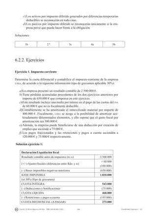 266I. Fuertes / B. Gill de Albornoz / M. Rohr - ISBN: 978-84-693-7378-1 Contabilidad financiera I - UJI
c)	Los activos por impuesto diferido generados por diferencias temporarias
deducibles se reconocerán en todo caso.
d)	Los pasivos por impuesto diferido se reconocerán únicamente si la em-
presa prevé que puede hacer frente a la obligación.
Soluciones:
1b 2.ª 3c 4a 5b
6.2.2. Ejercicios
Ejercicio 1. Impuesto corriente
Determine la cuota diferencial y contabilice el impuesto corriente de la empresa
ujisa, de acuerdo a la siguiente información (tipo de gravamen aplicable 30%):
a)	La empresa presentó un resultado contable de 2.500.000 €.
b)	Tiene pérdidas acumuladas procedentes de los dos ejercicios anteriores por
importe de 650.000 € que compensa en este ejercicio.
c)	Este resultado incluye una multa por retraso en el pago de las cuotas del iva
de 60.000 € que no es fiscalmente deducible.
d)	Contablemente se ha amortizado el inmovilizado material por importe de
400.000 €. Fiscalmente, ujisa se acoge a la posibilidad de amortizar ace-
leradamente determinados elementos, y ello supone que el gasto fiscal por
amortización sea 500.000 €.
e)	Además, la empresa puede beneficiarse de una deducción por creación de
empleo que asciende a 75.000 €.
f)	Los pagos fraccionados y las retenciones y pagos a cuenta ascienden a
120.000 € y 75.000 € respectivamente.
Solución ejercicio 1:
Declaración/Liquidación fiscal
Resultado contable antes de impuestos (rcai) 2.500.000
(+/–) Ajustes fiscales (diferencias entre Rdo. y bi)
+ 60.000
(100.000)
(–) Bases imponibles negativas anteriores (650.000)
BASE IMPONIBLE 1.810.000
(x) 30% (Tipo de gravamen)
CUOTA ÍNTEGRA 543.000
(–) Deducciones y bonificaciones (75.000)
CUOTA LÍQUIDA 468.000
(–) Retenciones y pagos a cuenta (195.000)
CUOTA DIFERENCIAL (A PAGAR) 273.000
 
