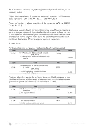 275I. Fuertes / B. Gill de Albornoz / M. Rohr - ISBN: 978-84-693-7378-1 Contabilidad financiera I - UJI
En el balance de situación, las partidas figurarán al final del ejercicio por los
siguientes saldos:
Dentro del patrimonio neto, la subvención pendiente a imputar a P y G (neta de su
efecto impositivo) (130) → 400.000 – 53.333 – 104.000 =242.667
Dentro del pasivo, el efecto impositivo de la subvención (479) → 104.000
(= 346.667 * 0.3)
A la hora de calcular el gasto por impuesto corriente, esta diferencia temporaria
que se genera por la ganancia imputada al patrimonio neto que no forma parte de
la base imponible no supone un ajuste extracontable al resultado contable antes
de impuestos, porque tampoco forma parte del resultado contable antes de im-
puestos. Es decir, es una diferencia temporaria pero no «temporal».
Al cierre de X1
Por la amortización y el traspaso a resultados de la subvención de capital:
Fecha Cuenta Debe Haber
31/12/X1
(681) Amortización del inmovilizado material
(600.000/5)
120.000
(281) Amortización acumulada del inmovilizado
material
120.000
Fecha Cuenta Debe Haber
31/12/X1
(840) Transferencia de subvenciones oficiales
de capital
(400.000/5)
80.000
(746) Subvenciones de capital transferidas
al resultado del ejercicio
80.000
Comienza ahora la reversión del pasivo por impuesto diferido dado que la sub-
vención va tributando periódicamente al impuesto de sociedades en la medida en
que se va integrando en el resultado del ejercicio (ver la tabla).
Fecha Cuenta Debe Haber
31/12/X1
(479) Pasivos por diferencias temporarias
imponibles
24.000
(8301) Impuesto diferido 24.000
Fecha Cuenta Debe Haber
31/12/X1 (8301) Impuesto diferido 24.000
(130) Subvenciones oficiales de capital 24.000
 