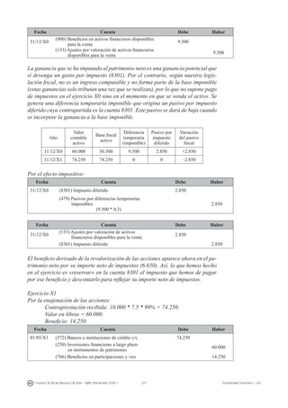 277I. Fuertes / B. Gill de Albornoz / M. Rohr - ISBN: 978-84-693-7378-1 Contabilidad financiera I - UJI
Fecha Cuenta Debe Haber
31/12/X0
(900) Beneficios en activos financieros disponibles
para la venta
9.500
(133) Ajustes por valoración de activos financieros
disponibles para la venta
9.500
La ganancia que se ha imputado al patrimonio neto es una ganancia potencial que
sí devenga un gasto por impuesto (8301). Por el contrario, según nuestra legis-
lación fiscal, no es un ingreso computable y no forma parte de la base imponible
(estas ganancias solo tributan una vez que se realizan), por lo que no supone pago
de impuestos en el ejercicio X0 sino en el momento en que se venda el activo. Se
genera una diferencia temporaria imponible que origina un pasivo por impuesto
diferido cuya contrapartida es la cuenta 8301. Este pasivo se dará de baja cuando
se incorpore la ganancia a la base imponible.
Año
Valor
contable
activo
Base fiscal
activo
Diferencia
temporaria
(imponible)
Pasivo por
impuesto
diferido
Variación
del pasivo
fiscal
31/12/X0 60.000 50.500 9.500 2.850 +2.850
31/12/X1 74.250 74.250 0 0 –2.850
Por el efecto impositivo:
Fecha Cuenta Debe Haber
31/12/X0 (8301) Impuesto diferido 2.850
(479) Pasivos por diferencias temporarias
imponibles
(9.500 * 0,3)
2.850
Fecha Cuenta Debe Haber
31/12/X0
(133) Ajustes por valoración de activos
financieros disponibles para la venta
2.850
(8301) Impuesto diferido 2.850
El beneficio derivado de la revalorización de las acciones aparece ahora en el pa-
trimonio neto por su importe neto de impuestos (6.650). Así, lo que hemos hecho
en el ejercicio es «reservar» en la cuenta 8301 el impuesto que hemos de pagar
por ese beneficio y descontarlo para reflejar su importe neto de impuestos.
Ejercicio X1
Por la enajenación de las acciones:
	 Contraprestación recibida: 10.000 * 7.5 * 99% = 74.250.
	 Valor en libros = 60.000.
	 Beneficio: 14.250.
Fecha Cuenta Debe Haber
01/05/X1 (572) Bancos e instituciones de crédito c/c 74.250
(250) Inversiones financieras a largo plazo
en instrumentos de patrimonio
60.000
(766) Beneficios en participaciones y vrd 14.250
 
