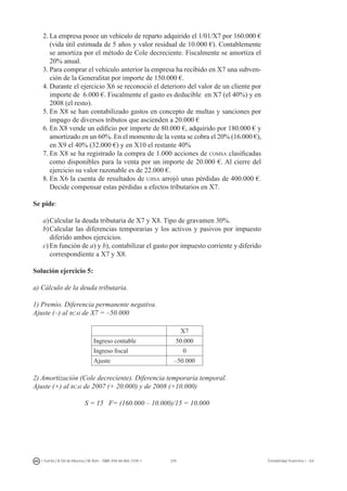 279I. Fuertes / B. Gill de Albornoz / M. Rohr - ISBN: 978-84-693-7378-1 Contabilidad financiera I - UJI
2.	La empresa posee un vehículo de reparto adquirido el 1/01/X7 por 160.000 €
(vida útil estimada de 5 años y valor residual de 10.000 €). Contablemente
se amortiza por el método de Cole decreciente. Fiscalmente se amortiza el
20% anual.
3.	Para comprar el vehículo anterior la empresa ha recibido en X7 una subven-
ción de la Generalitat por importe de 150.000 €.
4.	Durante el ejercicio X6 se reconoció el deterioro del valor de un cliente por
importe de 6.000 €. Fiscalmente el gasto es deducible en X7 (el 40%) y en
2008 (el resto).
5.	En X8 se han contabilizado gastos en concepto de multas y sanciones por
impago de diversos tributos que ascienden a 20.000 €
6.	En X8 vende un edificio por importe de 80.000 €, adquirido por 180.000 € y
amortizado en un 60%. En el momento de la venta se cobra el 20% (16.000 €),
en X9 el 40% (32.000 €) y en X10 el restante 40%
7.	En X8 se ha registrado la compra de 1.000 acciones de comsa clasificadas
como disponibles para la venta por un importe de 20.000 €. Al cierre del
ejercicio su valor razonable es de 22.000 €.
8.	En X6 la cuenta de resultados de ujisa arrojó unas pérdidas de 400.000 €.
Decide compensar estas pérdidas a efectos tributarios en X7.
Se pide:
a)	Calcular la deuda tributaria de X7 y X8. Tipo de gravamen 30%.
b)	Calcular las diferencias temporarias y los activos y pasivos por impuesto
diferido ambos ejercicios.
c)	En función de a) y b), contabilizar el gasto por impuesto corriente y diferido
correspondiente a X7 y X8.
Solución ejercicio 5:
a) Cálculo de la deuda tributaria.
1) Premio. Diferencia permanente negativa.
Ajuste (–) al rcai de X7 = –50.000
  X7
Ingreso contable 50.000
Ingreso fiscal 0
Ajuste –50.000
2) Amortización (Cole decreciente). Diferencia temporaria temporal.
Ajuste (+) al rcai de 2007 (+ 20.000) y de 2008 (+10.000)
S = 15 F= (160.000 – 10.000)/15 = 10.000
 