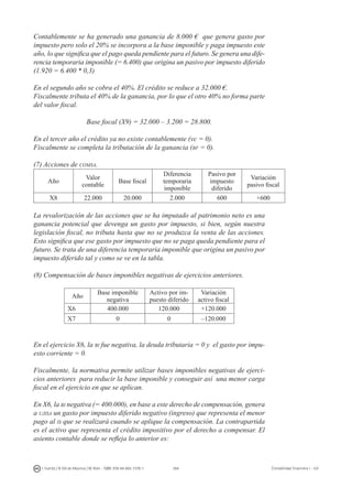 284I. Fuertes / B. Gill de Albornoz / M. Rohr - ISBN: 978-84-693-7378-1 Contabilidad financiera I - UJI
Contablemente se ha generado una ganancia de 8.000 € que genera gasto por
impuesto pero solo el 20% se incorpora a la base imponible y paga impuesto este
año, lo que significa que el pago queda pendiente para el futuro. Se genera una dife-
rencia temporaria imponible (= 6.400) que origina un pasivo por impuesto diferido
(1.920 = 6.400 * 0,3)
En el segundo año se cobra el 40%. El crédito se reduce a 32.000 €.
Fiscalmente tributa el 40% de la ganancia, por lo que el otro 40% no forma parte
del valor fiscal.
Base fiscal (X9) = 32.000 – 3.200 = 28.800.
En el tercer año el crédito ya no existe contablemente (vc = 0).
Fiscalmente se completa la tributación de la ganancia (bf = 0).
(7) Acciones de comsa.
Año
Valor
contable
Base fiscal
Diferencia
temporaria
imponible
Pasivo por
impuesto
diferido
Variación
pasivo fiscal
X8 22.000 20.000 2.000 600 +600
La revalorización de las acciones que se ha imputado al patrimonio neto es una
ganancia potencial que devenga un gasto por impuesto, si bien, según nuestra
legislación fiscal, no tributa hasta que no se produzca la venta de las acciones.
Esto significa que ese gasto por impuesto que no se paga queda pendiente para el
futuro. Se trata de una diferencia temporaria imponible que origina un pasivo por
impuesto diferido tal y como se ve en la tabla.
(8) Compensación de bases imponibles negativas de ejercicios anteriores.
Año
Base imponible
negativa
Activo por im-
puesto diferido
Variación
activo fiscal
X6 400.000 120.000 +120.000
X7 0 0 –120.000
En el ejercicio X6, la bi fue negativa, la deuda tributaria = 0 y el gasto por impu-
esto corriente = 0.
Fiscalmente, la normativa permite utilizar bases imponibles negativas de ejerci-
cios anteriores para reducir la base imponible y conseguir así una menor carga
fiscal en el ejercicio en que se aplican.
En X6, la bi negativa (= 400.000), en base a este derecho de compensación, genera
a ujisa un gasto por impuesto diferido negativo (ingreso) que representa el menor
pago al is que se realizará cuando se aplique la compensación. La contrapartida
es el activo que representa el crédito impositivo por el derecho a compensar. El
asiento contable donde se refleja lo anterior es:
 