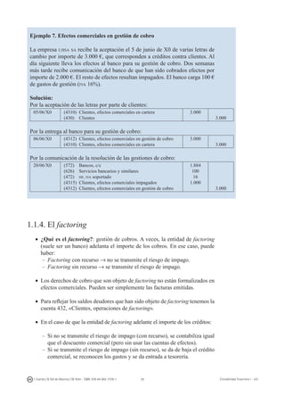 28I. Fuertes / B. Gill de Albornoz / M. Rohr - ISBN: 978-84-693-7378-1 Contabilidad financiera I - UJI
Ejemplo 7. Efectos comerciales en gestión de cobro
La empresa ujisa sa recibe la aceptación el 5 de junio de X0 de varias letras de
cambio por importe de 3.000 €, que corresponden a créditos contra clientes. Al
día siguiente lleva los efectos al banco para su gestión de cobro. Dos semanas
más tarde recibe comunicación del banco de que han sido cobrados efectos por
importe de 2.000 €. El resto de efectos resultan impagados. El banco carga 100 €
de gastos de gestión (iva 16%).
Solución:
Por la aceptación de las letras por parte de clientes:
05/06/X0 (4310) Clientes, efectos comerciales en cartera
(430) Clientes
3.000
3.000
Por la entrega al banco para su gestión de cobro:
06/06/X0 (4312) Clientes, efectos comerciales en gestión de cobro
(4310) Clientes, efectos comerciales en cartera
3.000
3.000
Por la comunicación de la resolución de las gestiones de cobro:
20/06/X0 (572) Bancos, c/c
(626) Servicios bancarios y similares
(472) hp, iva soportado
(4315) Clientes, efectos comerciales impagados
(4312) Clientes, efectos comerciales en gestión de cobro
1.884
100
16
1.000
3.000
1.1.4. El factoring
•	 ¿Qué es el factoring?: gestión de cobros. A veces, la entidad de factoring
(suele ser un banco) adelanta el importe de los cobros. En ese caso, puede
haber:
–	 Factoring con recurso → no se transmite el riesgo de impago.
–	 Factoring sin recurso → se transmite el riesgo de impago.
•	 Los derechos de cobro que son objeto de factoring no están formalizados en
efectos comerciales. Pueden ser simplemente las facturas emitidas.
•	 Para reflejar los saldos deudores que han sido objeto de factoring tenemos la
cuenta 432, «Clientes, operaciones de factoring».
•	 En el caso de que la entidad de factoring adelante el importe de los créditos:
–	 Si no se transmite el riesgo de impago (con recurso), se contabiliza igual
que el descuento comercial (pero sin usar las cuentas de efectos).
–	 Si se transmite el riesgo de impago (sin recurso), se da de baja el crédito
comercial, se reconocen los gastos y se da entrada a tesorería.
 