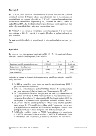 289I. Fuertes / B. Gill de Albornoz / M. Rohr - ISBN: 978-84-693-7378-1 Contabilidad financiera I - UJI
Ejercicio 4
El 15/09/X9, ujisa, dedicada a la realización de cursos de formación continua,
solicita al Instituto de Crédito Oficial una subvención para la modernización y
ampliación de sus equipos informáticos. El 1/10/X9 compra al contado equipos
informáticos (ordenadores, impresoras y fax) valorados en 200.000 € (más iva
deducible del 16%). Se decide amortizarlos por el método lineal suponiendo para
todos ellos una vida útil de 5 años y un valor residual nulo.
El 10/10/X9, el ico comunica oficialmente a ujisa la concesión de la subvención,
que asciende al 40% del coste de la inversión. El cobro se realiza finalmente un
mes más tarde.
Se pide: contabilice el efecto impositivo de la subvención al cierre de cada ejer-
cicio.
Ejercicio 5
La empresa ujisa tiene durante los ejercicios X8, X9 y X10 la siguiente informa-
ción para contabilizar el impuesto de sociedades:
X8 X9 X10
Resultado contable antes de impuestos –500.000 250.000 1.000.000
Deducciones y bonificaciones 0 0 6.000
Retenciones y pagos a cuenta 40.000 15.000 10.000
Tipo impositivo 30% 30% 30%
Además, se conoce la siguiente información sobre las diferencias entre contabili-
dad y fiscalidad:
1.	En X10 se contabiliza como gasto una sanción administrativa de 4.000 €,
que no es deducible fiscalmente.
2.	En X7 ujisa contabilizó como gasto (20.000 €) el deterioro de valor de un cliente
que en ese año no era deducible fiscalmente. El gasto es deducible en X9.
3.	En X10 registra contablemente una provisión por otras operaciones comerci-
ales por un importe de 10.000 € para hacer frente al pago de reparaciones de
cierta gama de productos. El máximo deducible fiscalmente es de 6.000 €. Un
año después, la factura total de las reparaciones realizadas asciende a 9.000 €.
4.	En X9 ujisa adquirió una maquinaria por 60.000 € que amortiza contable-
mente a razón del 20% anual (valor residual nulo). Fiscalmente, ujisa se aco-
ge a la posibilidad de amortizar aceleradamente la máquina e imputa como
gasto por amortización fiscal el importe total de la máquina en X9.
5.	En X9 se ha vendido a crédito por 70.000 € una máquina cuyo valor inicial
es 120.000 € y su amortización acumulada es 60.000 €. El cobro se recibe en
su totalidad en X10. Fiscalmente, el beneficio está exento por reinversión.
 