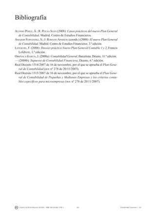 291I. Fuertes / B. Gill de Albornoz / M. Rohr - ISBN: 978-84-693-7378-1 Contabilidad financiera I - UJI
Bibliografía
Alonso Pérez, Á.; R. Pousa Soto (2008): Casos prácticos del nuevo Plan General
de Contabilidad. Madrid. Centro de Estudios Financieros.
Amador Fernández, S.; J. Romano Aparicio (coords.) (2008): El nuevo Plan General
de Contabilidad. Madrid. Centro de Estudios Financieros. 3.ª edición.
Lefebvre, F. (2008): Dossier práctico Nuevo Plan General Contable 1 y 2, Francis
Lefebvre, 1.ª edición.
Omeñaca García, J. (2008a): Contabilidad General, Barcelona. Deusto, 11.ª edición.
–– (2008b): Supuesto de Contabilidad Financiera, Deusto, 6.ª edición.
Real Decreto 1514/2007 de 16 de noviembre, por el que se aprueba el Plan Gene-
ral de Contabilidad (boe nº 278 de 20/11/2007).
Real Decreto 1515/2007 de 16 de noviembre, por el que se aprueba el Plan Gene-
ral de Contabilidad de Pequeñas y Medianas Empresas y los criterios conta-
bles específicos para microempresas (boe nº 278 de 20/11/2007).
 