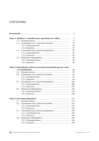 I. Fuertes / B. Gill de Albornoz / M. Rohr - ISBN: 978-84-693-7378-1 Contabilidad financiera I - UJI
CONTENIDO
Presentación …………………………………………………………….....
Tema 1. Deudores y acreedores por operaciones de tráfico……………
	 1. 1.	 Resumen teórico ……………………………….……………
	 1. 2. 	 Cuestionario test y ejercicios resueltos ……………………
		 1.2.1.Cuestionariotest………………………………………
		 1.2.2. Ejercicios .……………………………………………
	 1.3. 	 Cuestionario test y ejercicios propuestos ……………………
		 1.3.1.Cuestionariotest………………………………………
		 1.3.2. Ejercicios .……………………………………………
	 1. 4. 	 Referencias bibliográficas ..…………………………………
		 1.4.1. Contenido teórico .……………………………………
	 	 1.4.2. Ejercicios .……………………………………………
Tema 2. Inmovilizado, activos no corrientes mantenidos para la venta,
y arrendamientos ………………………………………………..
	 2.1. 	 Resumen teórico ……………………………………………
	 2.2. 	 Cuestionario test y ejercicios resueltos ..……………………
		 2.2.1.Cuestionariotest………………………………………
		 2.2.2. Ejercicios .……………………………………………
	 2.3. 	 Cuestionario test y ejercicios propuestos ...…………………
		 2.3.1.Cuestionariotest………………………………………
		 2.3.2. Ejercicios ..……………………………………………
	 2.4. 	 Referencias bibliográficas ..…………………………………
		 2.4.1. Contenido teórico .……………………………………
		 2.4.2. Ejercicios .……………………………………………
Tema 3. Inversiones financieras ………………………………………….
	 3.1. 	 Resumen teórico ……………………………………………
	 3.2. 	 Cuestionario test y ejercicios resueltos ..……………………
		 3.2.1.Cuestionariotest………………………………………
		 3.2.2. Ejercicios ..……………………………………………
	 3.3. 	 Cuestionario test y ejercicios propuestos ……………………
		 3.3.1. Cuestionario test ..……………………………………
		 3.3.2. Ejercicios .……………………………………………
	 3.4. 	 Referencias bibliográficas ..…………………………………
		 3.4.1. Contenido teórico .……………………………………
		 3.4.2. Ejercicios .……………………………………………
5
7
8
34
34
35
45
45
46
48
48
48
49
50
83
83
84
106
106
107
110
110
110
112
113
141
141
142
160
160
161
164
164
164
 