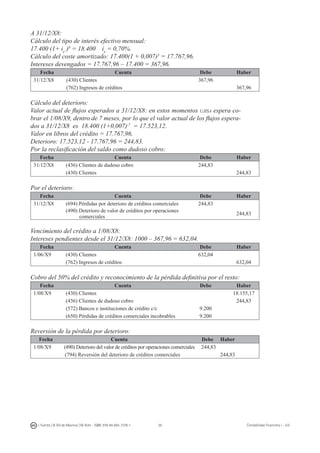 39I. Fuertes / B. Gill de Albornoz / M. Rohr - ISBN: 978-84-693-7378-1 Contabilidad financiera I - UJI
A 31/12/X8:
Cálculo del tipo de interés efectivo mensual:
17.400 (1+ ie
)8
= 18.400 ie
= 0,70%.
Cálculo del coste amortizado: 17.400(1 + 0,007)3
= 17.767,96.
Intereses devengados = 17.767,96 – 17.400 = 367,96.
Fecha Cuenta Debe Haber
31/12/X8 (430) Clientes 367,96
(762) Ingresos de créditos 367,96
Cálculo del deterioro:
Valor actual de flujos esperados a 31/12/X8: en estos momentos ujisa espera co-
brar el 1/08/X9, dentro de 7 meses, por lo que el valor actual de los flujos espera-
dos a 31/12/X8 es 18.400 (1+0,007)-7
= 17.523,12.
Valor en libros del crédito = 17.767,96.
Deterioro: 17.523,12 - 17.767,96 = 244,83.
Por la reclasificación del saldo como dudoso cobro:
Fecha Cuenta Debe Haber
31/12/X8 (436) Clientes de dudoso cobro 244,83
(430) Clientes 244,83
Por el deterioro:
Fecha Cuenta Debe Haber
31/12/X8 (694) Pérdidas por deterioro de créditos comerciales 244,83
(490) Deterioro de valor de créditos por operaciones
comerciales
244,83
Vencimiento del crédito a 1/08/X8:
Intereses pendientes desde el 31/12/X8: 1000 – 367,96 = 632,04.
Fecha Cuenta Debe Haber
1/06/X9 (430) Clientes 632,04
(762) Ingresos de créditos 632,04
Cobro del 50% del crédito y reconocimiento de la pérdida definitiva por el resto:
Fecha Cuenta Debe Haber
1/08/X9 (430) Clientes 18.155,17
(436) Clientes de dudoso cobro 244,83
(572) Bancos e instituciones de crédito c/c 9.200
(650) Pérdidas de créditos comerciales incobrables 9.200
Reversión de la pérdida por deterioro:
Fecha Cuenta Debe Haber
1/08/X9 (490) Deterioro del valor de créditos por operaciones comerciales 244,83
(794) Reversión del deterioro de créditos comerciales 244,83
 