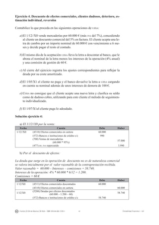 41I. Fuertes / B. Gill de Albornoz / M. Rohr - ISBN: 978-84-693-7378-1 Contabilidad financiera I - UJI
Ejercicio 4. Descuento de efectos comerciales, clientes dudosos, deterioro, es-
timación individual, reversión
Contabilice lo que proceda en las siguientes operaciones de ujisa:
a)	El 1/12//X0 vende mercaderías por 60.000 € (más iva del 7%), concediendo
al cliente un descuento comercial del 5% en factura. El cliente acepta una le-
tra de cambio por un importe nominal de 60.000 € con vencimiento a 6 me-
ses y decide pagar el resto al contado.
b)	El mismo día de la aceptación ujisa lleva la letra a descontar al banco, que le
abona el nominal de la letra menos los intereses de la operación (4% anual)
y una comisión de gestión de 60 €.
c)	Al cierre del ejercicio registra los ajustes correspondientes para reflejar la
deuda por su coste amortizado.
d)	El 1/05/X1 el cliente no paga y el banco devuelve la letra a ujisa cargando
en cuenta su nominal además de unos intereses de demora de 100 €.
e)	Ujisa no consigue que el cliente acepte una nueva letra y clasifica su saldo
como de dudoso cobro, utilizando para este cliente el método de seguimien-
to individualizado.
f)	El 1/07/X1el cliente paga lo adeudado.
Solución ejercicio 4:
a) El 1/12//X0 por la venta:
Fecha Cuenta Debe Haber
1/12//X0 (4310) Efectos comerciales en cartera 60.000
(572) Bancos e instituciones de crédito c/c 990
(700) Ventas de mercaderías
(60.000 * 95%)
57.000
(477) hp, iva repercutido 3.990
b) Por el descuento de efectos:
La deuda que surge en la operación de descuento no es de naturaleza comercial
se valora inicialmente por el valor razonable de la contraprestación recibida.
Valor razonable = 60.000 – Intereses – comisiones = 58.740.
Intereses de la operación: 4% * 60.000 * 6/12 = 1.200.
Comisiones = 60 €.
Fecha Cuenta Debe Haber
1/12/X0 (4311) Efectos comerciales descontados 60.000
(4310) Efectos comerciales en cartera 60.000
1/12/X0
(5208) Deudas por efectos descontados
(60.000 – 1.200 – 60)
58.740
(572) Bancos e instituciones de crédito c/c 58.740
 