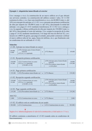 53I. Fuertes / B. Gill de Albornoz / M. Rohr - ISBN: 978-84-693-7378-1 Contabilidad financiera I - UJI
Ejemplo 1. Adquisición inmovilizado al exterior
Ujisa encarga a ubasa la construcción de un nuevo edificio en el que ubicará
sus servicios centrales. La construcción del edificio costará 2 años. El 1-3-X0
comienza la obra y ujisa hace una transferencia a ubasa de 60.000 € (más iva del
16%) en concepto de anticipo; el 1-3-X1 ubasa presenta una primera certificación
de obra por importe de 150.000 € (más iva del 16%), descontando la mitad del
anticipo. ujisa paga el 1-4-X1 mediante transferencia. El 1-3-X2 ubasa entrega a
ujisa la segunda y última certificación de obra por importe de 150.000 € (más iva
del 16%), descontando el resto del anticipo. Ujisa acepta la recepción de la obra
y paga el 1-4-X2 mediante transferencia. A lo largo del mes de abril de X2, ujisa
incurre en 2.000 € de gastos, que paga al contado, para poder comenzar a utilizar
el nuevo edificio (alta de luz, agua, líneas de teléfono, etc.), que finalmente está
en condiciones de ser utilizado el 1-5-X2.
Solución:
1-3-X0. Anticipo (es inmovilizado en curso):
60.000
9.600
(239) Anticipos para el inmovilizado
material
(472) hp, iva soportado
a (572) Bancos 69.600
1-3-X1. Recepción primera certificación:
150.000
19.200
(231) Construcciones en curso
(472) hp, iva soportado
[120.000 x 0.16]
a
(239) Anticipos para el inmovilizado
material
(523) Proveedores inmovilizado
a corto plazo
30.000
139.200
1-4-X1. Pago primera certificación:
139.200 (523) Proveedores inmovilizado c/p a (572) Bancos 139.200
1-3-X2. Recepción segunda certificación:
150.000
19.200
(231) Construcciones en curso
(472) hp, iva soportado
[120.000 x 0.16]
a
(239) Anticipos para el inmovilizado
material
(523) Proveedores inmovilizado
a corto plazo
30.000
139.200
1-4-X2. Pago segunda certificación:
139.200 (523) Proveedores inmovilizado c/p a (572) Bancos 139.200
Abril X2:
2.000 (231) Construcciones en curso a (572) Bancos 2.000
1-5-X2. El edificio está en condiciones de ser usado:
302.000 (211) Construcciones a (231) Construcciones en curso 302.000
Según el pgc debería desglosarse el valor de la construcción y el del suelo (nv 3.ª pgc).
El edificio comienza a amortizarse el 1-5-X2 (cuando entra en condiciones de
funcionamiento).
 