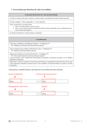 57I. Fuertes / B. Gill de Albornoz / M. Rohr - ISBN: 978-84-693-7378-1 Contabilidad financiera I - UJI
•	 Correcciones por deterioro de valor (reversibles)
Evaluación del deterioro de valor del inmovilizado
Al menos a final de año debe evaluarse si existen indicios de deterioro del inmovilizado material.
Si Valor contable  Valor recuperable → existe deterioro
Valor recuperable es el mayor entre:
1.	 Valor razonable menos costes de venta.
2.	 Valor en uso (valor actual de los flujos de efectivo futuros esperados, por su utilización en el
curso normal del negocio).
El cálculo del deterioro se hará elemento a elemento.
Contabilización
Gasto para contabilizar la pérdida por deterioro → Subgrupo 69:
691. Pérdidas por deterioro del inmovilizado material
Activo (negativo) para reflejar el deterioro de valor → Subgrupo 29:
291. Deterioro del inmovilizado material
Ingreso para reflejar la reversión del deterioro → Subgrupo 79:
791. Reversión del deterioro del inmovilizado material
Límite reversión: valor contable del inmovilizado reconocido en fecha de reversión si no se hubiese
registrado el deterioro.
Importante: Cuando se registren correcciones por deterioro se ajustarán las amortizaciones de los ejer-
cicios siguientes, teniendo en cuenta el nuevo valor contable y la vida útil restante. Lo mismo si revierte
el deterioro.
Anotaciones contables básicos del deterioro (reversible) del inmovilizado:
Gastos explotación			 Cuenta correctora de activo
(691) a (291)
Recuperación valor activo			 Ingreso
(291) a (791)
 