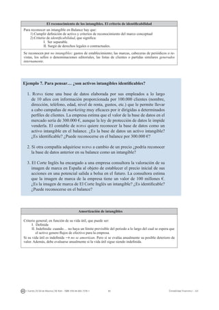 65I. Fuertes / B. Gill de Albornoz / M. Rohr - ISBN: 978-84-693-7378-1 Contabilidad financiera I - UJI
El reconocimiento de los intangibles. El criterio de identificabilidad
Para reconocer un intangible en Balance hay que:
1)	Cumplir definición de activo y criterios de reconocimiento del marco conceptual
2)	Criterio de identificabilidad, que significa:
I. Ser separable.
II. Surgir de derechos legales o contractuales.
Se reconocen por no intangibles: gastos de establecimiento; las marcas, cabeceras de periódicos o re-
vistas, los sellos o denominaciones editoriales, las listas de clientes o partidas similares generados
internamente.
Ejemplo 7. Para pensar… ¿son activos intangibles identificables?
1. Ropas tiene una base de datos elaborada por sus empleados a lo largo
de 10 años con información proporcionada por 100.000 clientes (nombre,
dirección, teléfono, edad, nivel de renta, gustos, etc.) que le permite llevar
a cabo campañas de marketing muy eficaces por ir dirigidas a determinados
perfiles de clientes. La empresa estima que el valor de la base de datos en el
mercado sería de 300.000 €, aunque la ley de protección de datos le impide
venderla. El contable de ropas quiere reconocer la base de datos como un
activo intangible en el balance. ¿Es la base de datos un activo intangible?
¿Es identificable? ¿Puede reconocerse en el balance por 300.000 €?
2. Si otra compañía adquiriese ropas a cambio de un precio ¿podría reconocer
la base de datos anterior en su balance como un intangible?
3. El Corte Inglés ha encargado a una empresa consultora la valoración de su
imagen de marca en España al objeto de establecer el precio inicial de sus
acciones en una potencial salida a bolsa en el futuro. La consultora estima
que la imagen de marca de la empresa tiene un valor de 100 millones €.
¿Es la imagen de marca de El Corte Inglés un intangible? ¿Es identificable?
¿Puede reconocerse en el balance?
Amortización de intangibles
Criterio general; en función de su vida útil, que puede ser:
i. Definida
ii. Indefinida: cuando… no haya un límite previsible del periodo a lo largo del cual se espera que
el activo genere flujos de efectivo para la empresa.
Si su vida útil es indefinida → no se amortizan. Pero sí se evalúa anualmente su posible deterioro de
valor. Además, debe evaluarse anualmente si la vida útil sigue siendo indefinida.
 