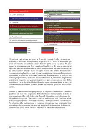 I. Fuertes / B. Gill de Albornoz / M. Rohr - ISBN: 978-84-693-7378-1 Contabilidad financiera I - UJI
VI. Activos por impuesto diferido
B) ACTIVO CORRIENTE
I. Activos no corrientes mantenidos para la venta
II. Existencias
III. Deudores comerciales y otras cuentas a cobrar
IV. Inversiones en empresas del grupo y asociados a c/p
V. Inversiones financieras a corto plazo
VI. Periodificaciones
VII. Efectivo y otros activos líquidos equivalentes
Tema 1 Tema 4
Tema 2 Tema 5
Tema 3 Tema6
Al inicio de cada uno de los temas se desarrolla con más detalle este esquema y
se incorpora asimismo un esquema de las partidas de la Cuenta de Resultados que
están relacionadas con el tema a tratar. Por otra parte, todos los temas del texto
siguen la misma estructura. Tras especificar los objetivos del tema y presentar el
índice de contenidos del mismo, se ofrece una síntesis de los contenidos teóricos
del tema, haciendo hincapié en los conceptos básicos y las normas de valoración y
reconocimiento aplicables en cada tipo de transacción, e incorporando numerosos
ejemplos de la aplicación práctica de los mismos. Posteriormente, se incluyen una
serie de preguntas test y ejercicios prácticos resueltos. Y, finalmente, se proponen
una serie de preguntas test y ejercicios prácticos para solucionar por parte de los
estudiantes. Las referencias bibliográficas incluyen manuales donde se cubre el
contenido teórico del tema y donde pueden encontrarse ejercicios prácticos re-
sueltos.
Aunque el texto desarrolla el programa de la asignatura Contabilidad I, también
puede ser útil para otras asignaturas de Contabilidad Financiera de las distintas ti-
tulaciones impartidas en la Universitat Jaume I: Licenciatura en Administración y
Dirección de Empresas, Diplomatura en Ciencias Empresariales, Grado en Admi-
nistración de Empresas, Grado en Economía y Grado en Finanzas y Contabilidad.
No obstante, debe indicarse que el contenido concreto de cada asignatura viene
marcado por los programas oficiales que aprueba el Departamento de Finanzas y
Contabilidad, y que deben servir de referencia al estudiante en cada caso.
A-2) AJUSTES POR CAMBIOS DE VALOR
I. Instrumentos financieros disponibles para la venta
II. Operaciones de cobertura
III. Otros
A-3) SUBVENCIONES DONACIONES Y LEGADOS RECIBIDOS
B) PASIVO NO CORRIENTE
I. Provisiones a largo plazo
II. Deudas a largo plazo
III. Deudas con empresas del grupo y asociadas a l/p
IV. Pasivos por impuesto diferido
C) PASIVO CORRIENTE
I. Pasivos vinculados con ancmv
II. Provisiones a corto plazo
III. Deudas a corto plazo
IV. Deudas con empresas del grupo y asociadas a c/p
V. Acreedores comerciales y otras cuentas a pagar
VI. Periodificaciones
 