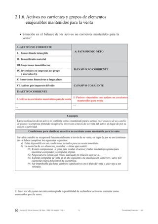 75I. Fuertes / B. Gill de Albornoz / M. Rohr - ISBN: 978-84-693-7378-1 Contabilidad financiera I - UJI
2.1.6. Activos no corrientes y grupos de elementos
	 enajenables mantenidos para la venta
•	 Situación en el balance de los activos no corrientes mantenidos para la
venta:
A) ACTIVO NO CORRIENTE
A) PATRIMONIO NETO
I. Inmovilizado intangible
II. Inmovilizado material
III. Inversiones inmobiliarias
B) PASIVO NO CORRIENTE
IV. Inversiones en empresas del grupo
y asociadas l/p
V. Inversiones financieras a largo plazo
C) PASIVO CORRIENTEVI. Activos por impuesto diferido
B) ACTIVO CORRIENTE
I. Activos no corrientes mantenidos para la venta
I. Pasivos vinculados con activos no corrientes
mantenidos para venta
…
…
Concepto
La reclasificación de un activo no corriente como «mantenido para la venta» es el anuncio de un cambio
de planes: la empresa pretende recuperar la inversión a través de la venta del activo en lugar de por su
uso en la actividad
Condiciones para clasificar un activo no corriente como mantenido para la venta
Su valor contable se recuperará fundamentalmente a través de su venta, en lugar de por su uso continua-
do → deben cumplirse los siguientes requisitos:
a)	 Estar disponible en sus condiciones actuales para su venta inmediata.
b)	 La venta ha de ser altamente probable → tiene que ocurrir:
b1) Existir compromiso → plan para vender el activo y haber iniciado programa para
encontrar comprador y completar el plan.
b2) Negociarse la venta a un precio adecuado en relación con su vr.
b3) Esperar completar la venta en el año siguiente a la clasificación como mpv, salvo por
cuestiones fuera del control de la empresa.
b4) Ser improbable que haya cambios significativos en el plan de venta o que vaya a ser
retirado.
. En el pgc de pymes no está contemplada la posibilidad de reclasificar activo no corriente como
mantenidos para la venta.
 