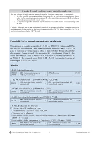 77I. Fuertes / B. Gill de Albornoz / M. Rohr - ISBN: 978-84-693-7378-1 Contabilidad financiera I - UJI
Si se dejan de cumplir condiciones para ser mantenidos para la venta
Hay que volver a reclasificar según la naturaleza de los elementos y valorar por el menor entre:
1.	 Su valor contable anterior a su calificación como activo no corriente en venta, ajustado, si pro-
cede, por las amortizaciones y correcciones de valor que se hubiesen reconocido de no haberse
clasificado como mantenido para la venta.
2.	 Su importe recuperable (recordar: mayor entre valor razonable menos costes de venta y valor
en uso).
Cualquier diferencia que surja se registra en la partida de la cuenta de pérdidas y ganancias que corres-
ponda a su naturaleza (ejemplo: si son inmovilizados materiales 671/771, si son intangibles 670/770, si
son inversiones inmobiliarias 672/772, etc.).
Ejemplo 14. Activos no corrientes mantenidos para la venta
Ujisa compra al contado un camión el 1-4-X8 por 150.000 € (más iva del 16%)
que amortiza linealmente en 5 años suponiendo valor residual 15.000 €. El 1-8-X10
pone el camión a la venta porque se jubila el transportista y decide subcontratar
el transporte. En esa fecha el valor razonable del vehículo es de 60.000 € y los
costes de venta son 1.000 €. Al final de X10 el valor razonable del vehículo es
de 56.000 € y los costes de venta 1.000 €. El 1-7-X11 ujisa vende el camión al
contado por 54.000 € (iva 16%).
Solución:
1-4-X8. Adquisición camión:
150.000
24.000
(218) Elementos de transporte
(472) hp, iva soportado
a
(57X) Tesorería 174.000
31-12-X8. Amortización → (135.000/5) * 9/12 = 20.250 €:
20.250
(681) Amortización del inmovili-
zado material
a
(281) Amortización acumulada del
inmovilizado material
20.250
31-12-X9. Amortización → (135.000/5) = 27.000 €:
27.000
(681) Amortización del inmovili-
zado material
a
(281) Amortización acumulada del
inmovilizado material
27.000
1-8-X10. Amortización hasta esa fecha: (135000/5) * 7/12:
15.750
(681) Amortización del inmovili-
zado material
a
(281) Amortización acumulada del
inmovilizado material
15.750
1-8-X10. Evaluación del deterioro:
El valor recuperable es el mayor entre:
- Valor razonable – costes de venta = 59.000.
- Valor uso: no lo sabemos.
Valor contable = Valor inicial – Amortización acumulada – Deterioro = 150.000
– 63.000 – 0 = 87.000
Valor contable  Valor recuperable → Deterioro = 87.000 – 59.000 = 28.000
28.000
(691) Pérdidas por deterioro de
inmovilizado material
a
(291) Deterioro de valor del inmo-
vilizado material
28.000
 