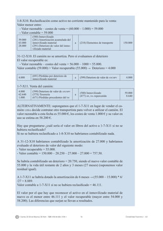 78I. Fuertes / B. Gill de Albornoz / M. Rohr - ISBN: 978-84-693-7378-1 Contabilidad financiera I - UJI
1-8-X10. Reclasificación como activo no corriente mantenido para la venta:
Valor menor entre:
- Valor razonable – costes de venta = (60.000 – 1.000) = 59.000
- Valor contable = 59.000
59.000
63.000
28.000
(580) Inmovilizado
(281) Amortización acumulada del
inmovilizado material
(291) Deterioro de valor del inmo-
vilizado material
a (218) Elementos de transporte 150.000
31-12-X10. El camión no se amortiza. Pero sí evaluamos el deterioro
El valor recuperable es:
- Valor razonable – costes del venta = 56.000 – 1000 = 55.000.
Valor contable (59.000)  Valor recuperable (55.000) → Deterioro = 4.000
4.000
(691) Pérdidas por deterioro de
inmovilizado material
a (599) Deterioro de valor de ancmpv 4.000
1-7-X11. Venta del camión:
4.000
62.640
1.000
(599) Deterioro de valor de ancmpv
(57X) Tesorería
(671) Pérdidas procedentes del im
a
(580) Inmovilizado
(477) hp, iva repercutido
59.000
8.640
ALTERNATIVAMENTE: supongamos que el 1-7-X11 en lugar de vender el ca-
mión ujisa decide contratar otro transportista para volver a utilizar el camión. El
valor razonable a esta fecha es 55.000 €, los costes de venta 1.000 € y su valor en
uso se estima en 58.200 €.
Hay que preguntarse ¿cuál sería el valor en libros del activo a 1-7-X11 si no se
hubiera reclasificado?
Si no se hubiera reclasificado a 1-8-X10 no habríamos contabilizado nada.
A 31-12-X10 habríamos contabilizado la amortización de 27.000 y habríamos
evaluado el deterioro de valor del siguiente modo:
- Valor recuperable = 55.000.
- Valor contable = 150.000 – 20.250 – 27.000 – 27.000 = 757.50.
Se habría contabilizado un deterioro = 20.750, siendo el nuevo valor contable de
55.000 y la vida útil restante de 2 años y 3 meses (27 meses) (suponemos valor
residual igual).
A 1-7-X11 se habría dotado la amortización de 6 meses → (55.000 – 15.000) * 6/
/27 = 8.889.
Valor contable a 1-7-X11 si no se hubiera reclasificado = 46.111.
El valor por el que hay que reconocer el activo en el inmovilizado material de
nuevo es el menor entre 46.111 y el valor recuperable (mayor entre 54.000 y
58.200). Las diferencias que surjan se llevan a resultados.
 