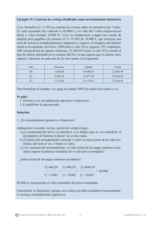 81I. Fuertes / B. Gill de Albornoz / M. Rohr - ISBN: 978-84-693-7378-1 Contabilidad financiera I - UJI
Ejemplo 15. Contrato de renting clasificado como arrendamiento financiero
Ujisa formaliza el 1-1-X0 un contrato de renting sobre un automóvil por 3 años.
El valor razonable del vehículo es 60.000 € y su vida útil 5 años (depreciación
lineal y valor residual 10.000 €). Ujisa se compromete a pagar tres cuotas de
alquiler post pagables (la primera el 31-12-X0) de 24.000 €, que incluyen una
serie de servicios complementarios, impuestos y seguros. El desglose del alquiler
anual es el siguiente: servicios, 1000 (más iva del 16%); seguros, 253; impuestos,
300; recuperación de capital e intereses, 22.446,59 € (más iva del 16%), siendo el
tipo de interés aplicable en el contrato del 6%, lo que supone que el reparto entre
capital e intereses en cada una de las tres cuotas es el siguiente:
Año Intereses Capital Cuota
X0 3.600,00 18.846,59 22.446,59
X1 2.469,20 19.977,38 22.446,59
X2 1.270,56 21.176,03 22.446,59
Para formalizar el contrato ujisa paga al contado 500 € de notario (no sujeto a iva).
Se pide:
1.	Discutir si es arrendamiento operativo o financiero.
2.	Contabilizar lo que proceda.
Solución:
1. ¿Es arrendamiento operativo o financiero?
Apliquemos la norma: no hay opción de compra luego...
a)	¿La propiedad del activo se transfiere, o se deduce que se va a transferir, al
arrendatario al finalizar el plazo? no se dice nada.
b)	¿El plazo del arrendamiento coincide o cubre la mayor parte de la vida eco-
nómica del activo? no, 3 frente a 5 años.
c)	¿Al comienzo del arrendamiento, el valor actual de los pagos mínimos acor-
dados supone la práctica totalidad del vr del activo arrendado?
¿Valor actual de los pagos mínimos acordados?
			 22.446,59 22.446,59 22.4446,59
				 +		 +		 = 60.000
			 (1 + 0,06) (1 + 0,06)2
(1 + 0,06)3
60.000 es exactamente el valor razonable del activo arrendado.
Conclusión: es financiero, aunque sea renting (no debe asimilarse necesariamen-
te renting a arrendamiento operativo)
 