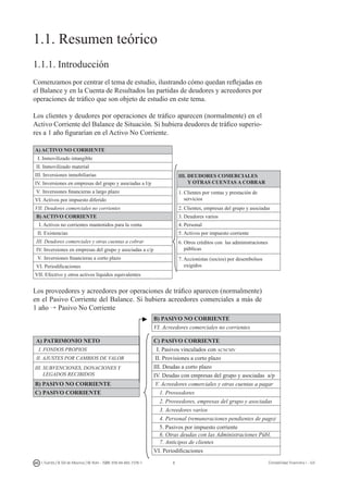 I. Fuertes / B. Gill de Albornoz / M. Rohr - ISBN: 978-84-693-7378-1 Contabilidad financiera I - UJI
1.1. Resumen teórico
1.1.1. Introducción
Comenzamos por centrar el tema de estudio, ilustrando cómo quedan reflejadas en
el Balance y en la Cuenta de Resultados las partidas de deudores y acreedores por
operaciones de tráfico que son objeto de estudio en este tema.
Los clientes y deudores por operaciones de tráfico aparecen (normalmente) en el
Activo Corriente del Balance de Situación. Si hubiera deudores de tráfico superio-
res a 1 año figurarían en el Activo No Corriente.
A) ACTIVO NO CORRIENTE
I. Inmovilizado intangible
II. Inmovilizado material
III. Inversiones inmobiliarias III. DEUDORES COMERCIALES
Y OTRAS CUENTAS A COBRARIV. Inversiones en empresas del grupo y asociadas a l/p
V. Inversiones financieras a largo plazo 1. Clientes por ventas y prestación de
serviciosVI. Activos por impuesto diferido
VII. Deudores comerciales no corrientes 2. Clientes, empresas del grupo y asociadas
B) ACTIVO CORRIENTE 3. Deudores varios
I. Activos no corrientes mantenidos para la venta 4. Personal
II. Existencias 5. Activos por impuesto corriente
III. Deudores comerciales y otras cuentas a cobrar 6. Otros créditos con las administraciones
públicasIV. Inversiones en empresas del grupo y asociadas a c/p
V. Inversiones financieras a corto plazo 7. Accionistas (socios) por desembolsos
exigidosVI. Periodificaciones
VII. Efectivo y otros activos líquidos equivalentes
Los proveedores y acreedores por operaciones de tráfico aparecen (normalmente)
en el Pasivo Corriente del Balance. Si hubiera acreedores comerciales a más de
1 año → Pasivo No Corriente
B) PASIVO NO CORRIENTE
VI. Acreedores comerciales no corrientes
A) PATRIMONIO NETO C) PASIVO CORRIENTE
I. FONDOS PROPIOS I. Pasivos vinculados con acncmv
II. AJUSTES POR CAMBIOS DE VALOR II. Provisiones a corto plazo
III. SUBVENCIONES, DONACIONES Y
LEGADOS RECIBIDOS
III. Deudas a corto plazo
IV. Deudas con empresas del grupo y asociadas a/p
B) PASIVO NO CORRIENTE V. Acreedores comerciales y otras cuentas a pagar
C) PASIVO CORRIENTE 1. Proveedores
2. Proveedores, empresas del grupo y asociadas
3. Acreedores varios
4. Personal (remuneraciones pendientes de pago)
5. Pasivos por impuesto corriente
6. Otras deudas con las Administraciones Públ.
7. Anticipos de clientes
VI. Periodificaciones
 