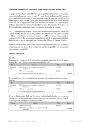 94I. Fuertes / B. Gill de Albornoz / M. Rohr - ISBN: 978-84-693-7378-1 Contabilidad financiera I - UJI
Ejercicio 4. Inmovilizado inmaterial, gastos de investigación y desarrollo
El grupo farmacéutico Claxon Pharma decide apuntarse a la carrera por la comer-
cialización de la vacuna contra la gripe A y para ello, a mediados de X9, contrata
un proyecto de investigación a un reconocido grupo de expertos científicos. En
X9 la empresa paga 100.000 € y al cierre del ejercicio todavía no se han producido
resultados. En X10 paga 300.000 € y los informes presentados a la empresa apun-
tan hacia el éxito técnico y la rentabilidad económica del proyecto, dado que se ha
determinado el principio activo para comenzar a desarrollar la vacuna.
En X11 comienzan los ensayos clínicos para el desarrollo de la vacuna, en los que
Claxon Pharma invierte 125.000 €, dándose por finalizados con rotundo éxito el
31/12/X11. Finalmente la vacuna se patenta el 1/04/X12, siendo los costes de re-
gistro de 30.000 €. La empresa estima que la vida útil de la patente es igual al pe-
riodo durante el que la ley impide que otros puedan fabricar la vacuna, 10 años.
Se pide: contabilizar las operaciones anteriores teniendo en cuenta que la empresa
opta por activar los gastos de investigación cuando sea posible. Las operaciones
están sujetas a iva del 16%.
Solución ejercicio 4:
Año X9:
Estamos ante el concepto de Investigación contratada al exterior. Según la norma
general, los costes del proyecto son gastos del ejercicio.
Fecha Cuenta Debe Haber
Sin especi-
ficar
(620) Gastos en investigación y desarrollo
del ejercicio
100.000
(472) hp, iva soportado 16.000
(572) Bancos e instituciones de crédito c/c 116.000
Al cierre del ejercicio no pueden activarse porque aún no hay resultados positivos.
Año X10:
Fecha Cuenta Debe Haber
Sin especi-
ficar
(620) Gastos en investigación y desarrollo
del ejercicio
300.000
(472) hp, iva soportado 48.000
(572) Bancos e instituciones de crédito c/c 348.000
Al cierre del ejercicio, dado que los gastos están individualizados por proyectos,
el coste está claramente establecido y los informes son optimistas sobre el éxito de
la investigación, la empresa decide activarlos.
Fecha Cuenta Debe Haber
31/12/X10 (200) Investigación 300.000
(730) Trabajos realizados para el inmovilizado
intangible
300.000
 