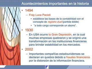 4
Acontecimientos importantes en la historia
• 1494
– Fray Luca Pacioli
• establece las bases de la contabilidad con el
concepto de registro dual (partida doble)
• “a todo cargo corresponde un abono”.
• 1930
– En USA ocurre la Gran Depresión, en la cual
muchas empresas quebraron y se originó una
transformación en las instituciones financieras
para brindar estabilidad en los mercados.
• 2002
– Importantes compañías estadounidenses se
declaran en quiebra debido a fraudes financieros
por la distorsión de la información financiera.
 